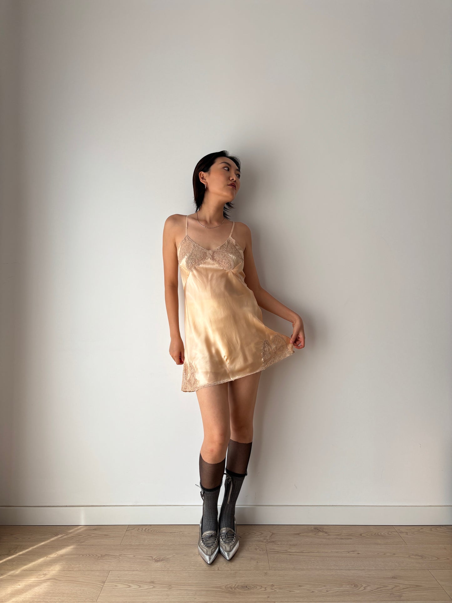 1920s Antique Peach Hand Embroidered Lace Silk Mini Slip Dress