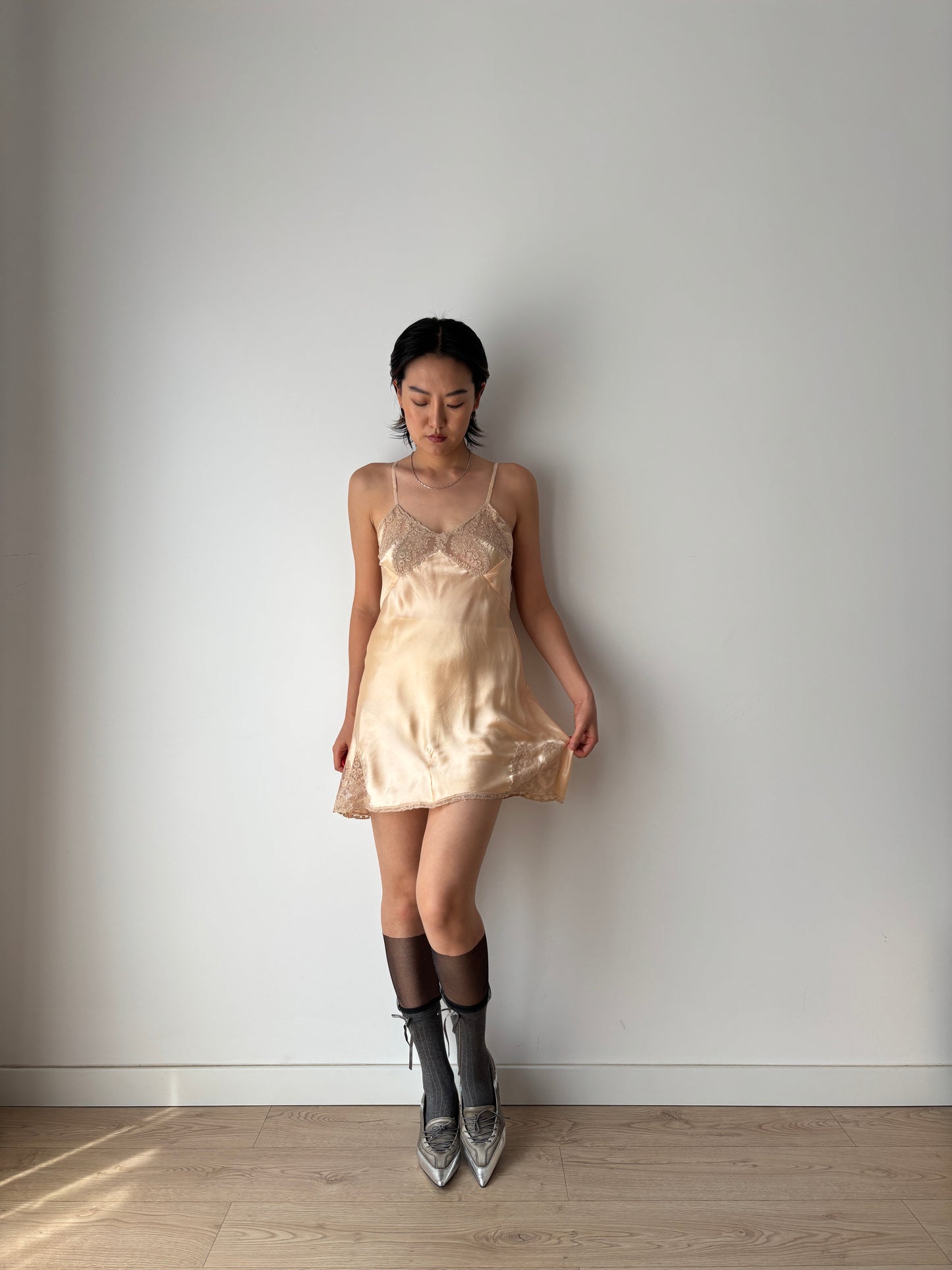 1920s Antique Peach Hand Embroidered Lace Silk Mini Slip Dress