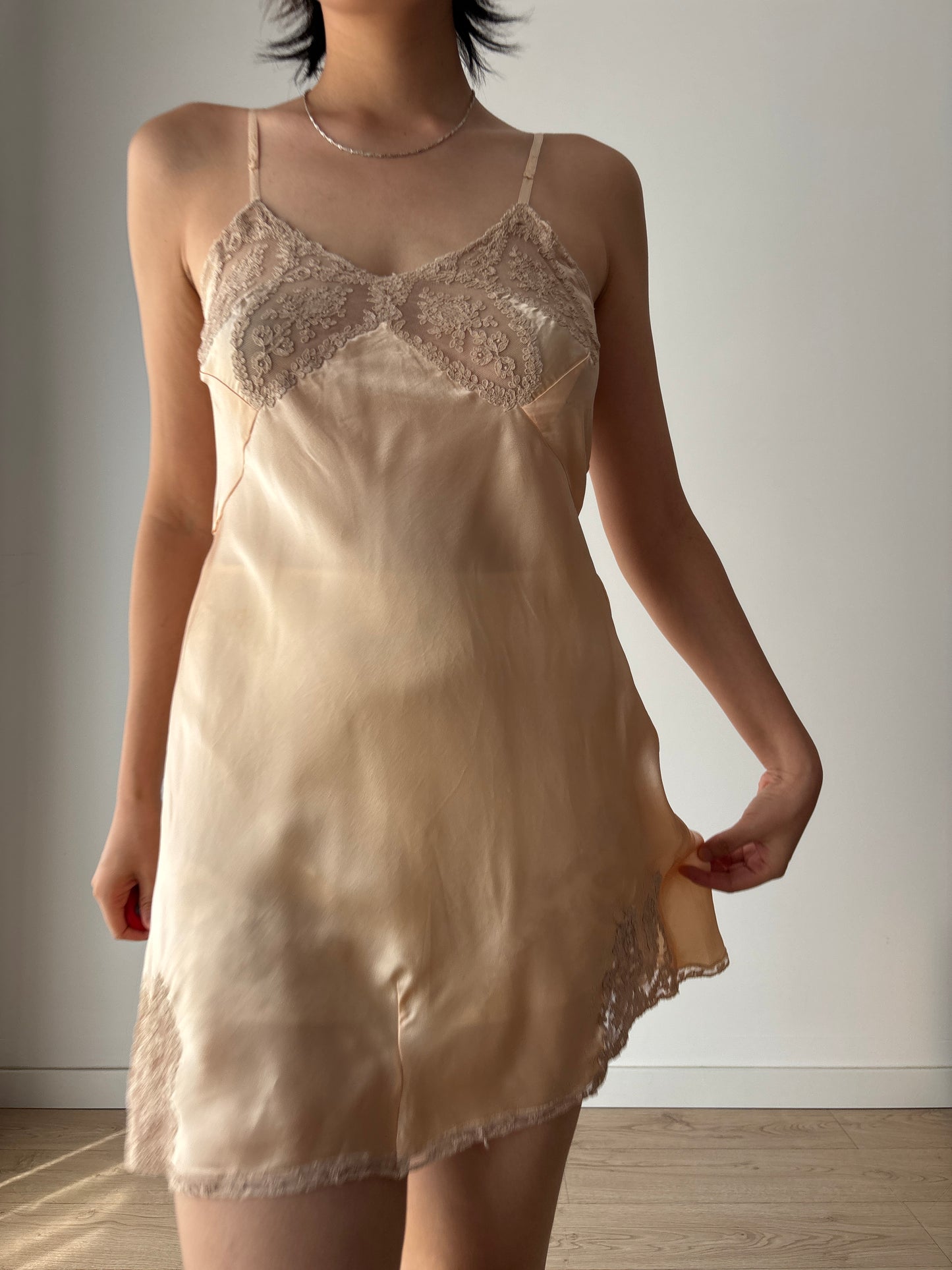 1920s Antique Peach Hand Embroidered Lace Silk Mini Slip Dress