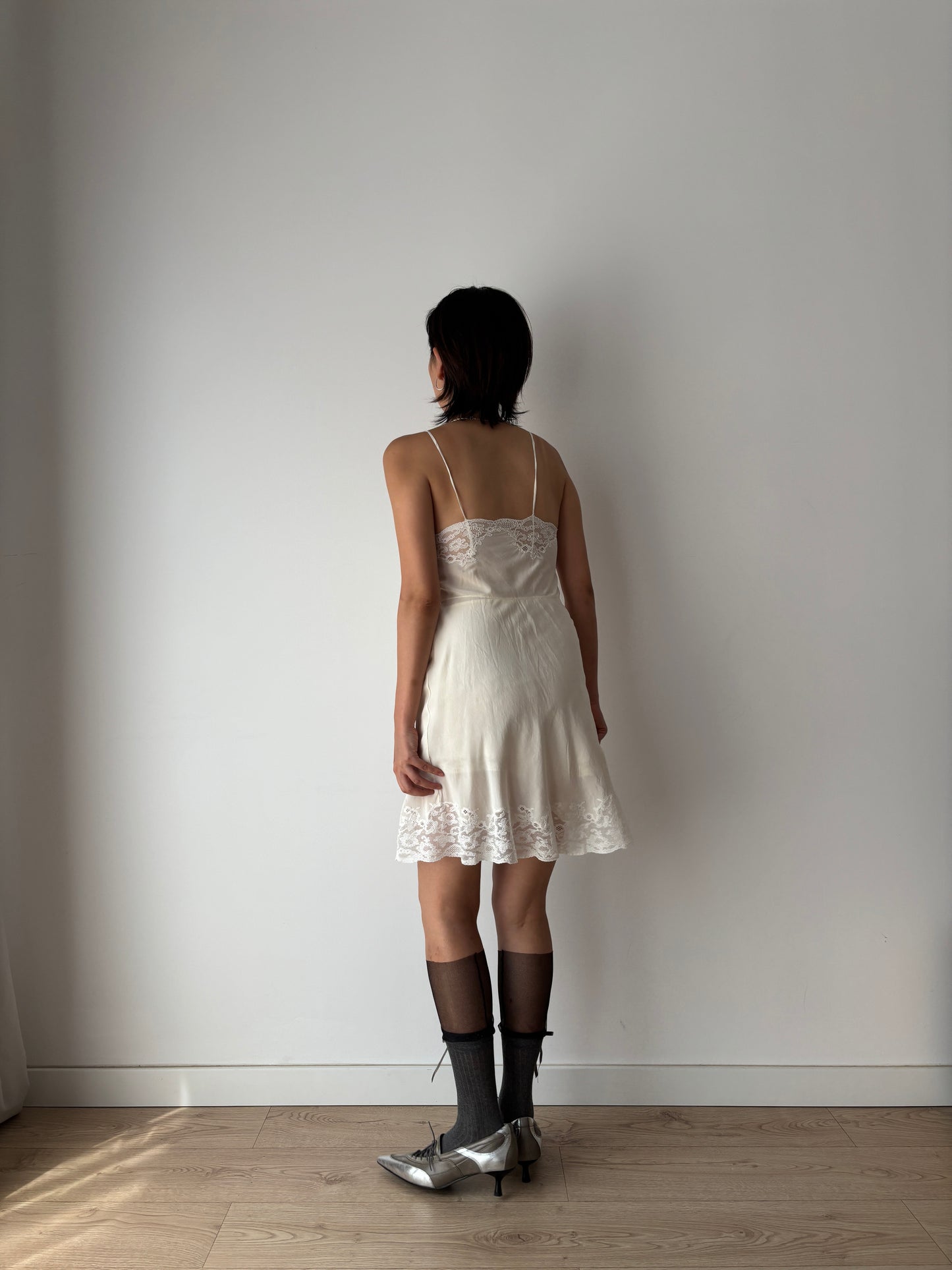 1930s Antique White Lace Liquid Silk Bridal Slip French Lacedress