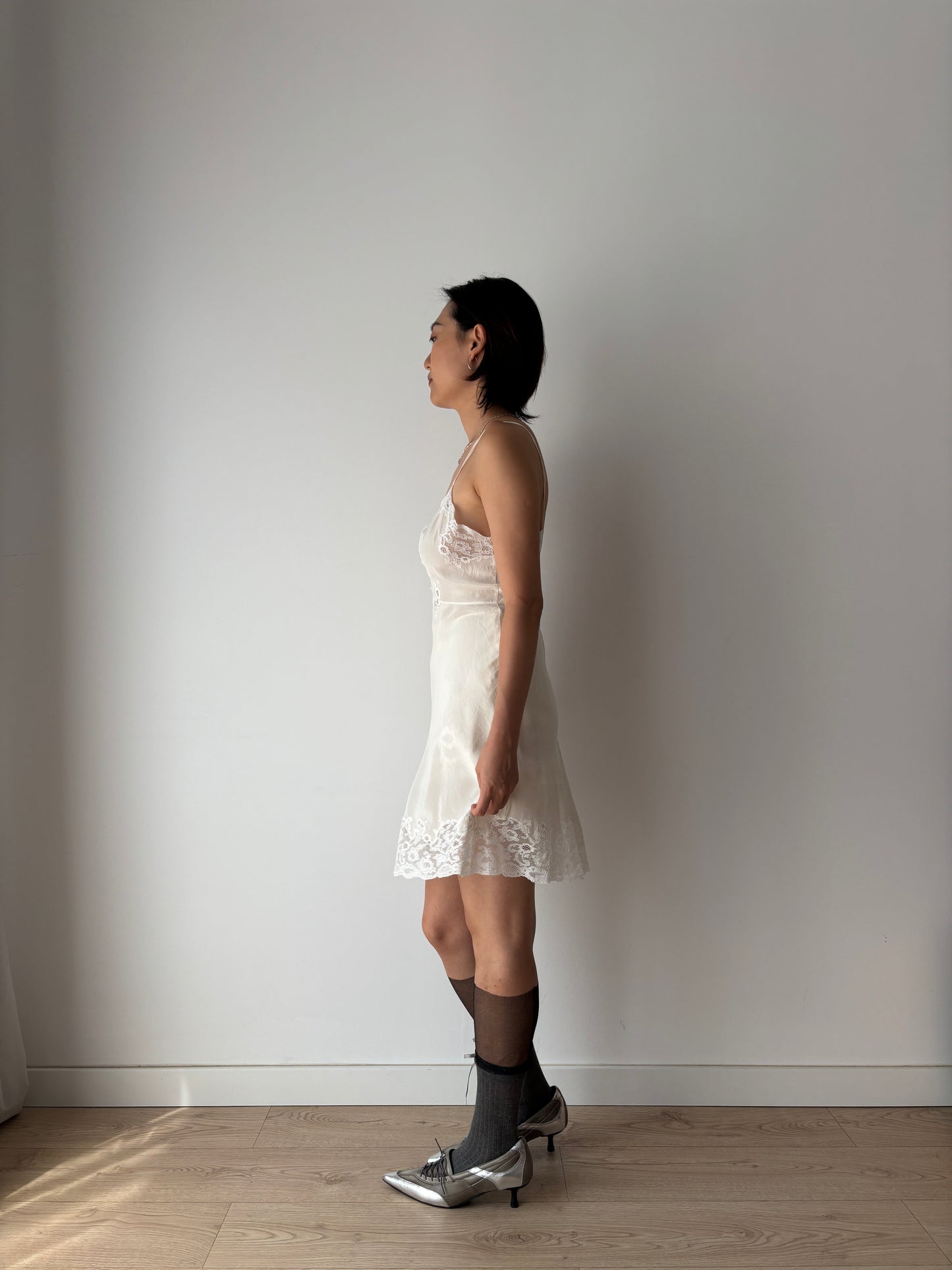 1930s Antique White Lace Liquid Silk Bridal Slip French Lacedress