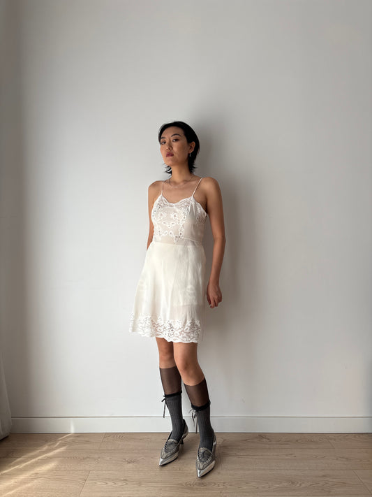 1930s Antique White Lace Liquid Silk Bridal Slip French Lacedress