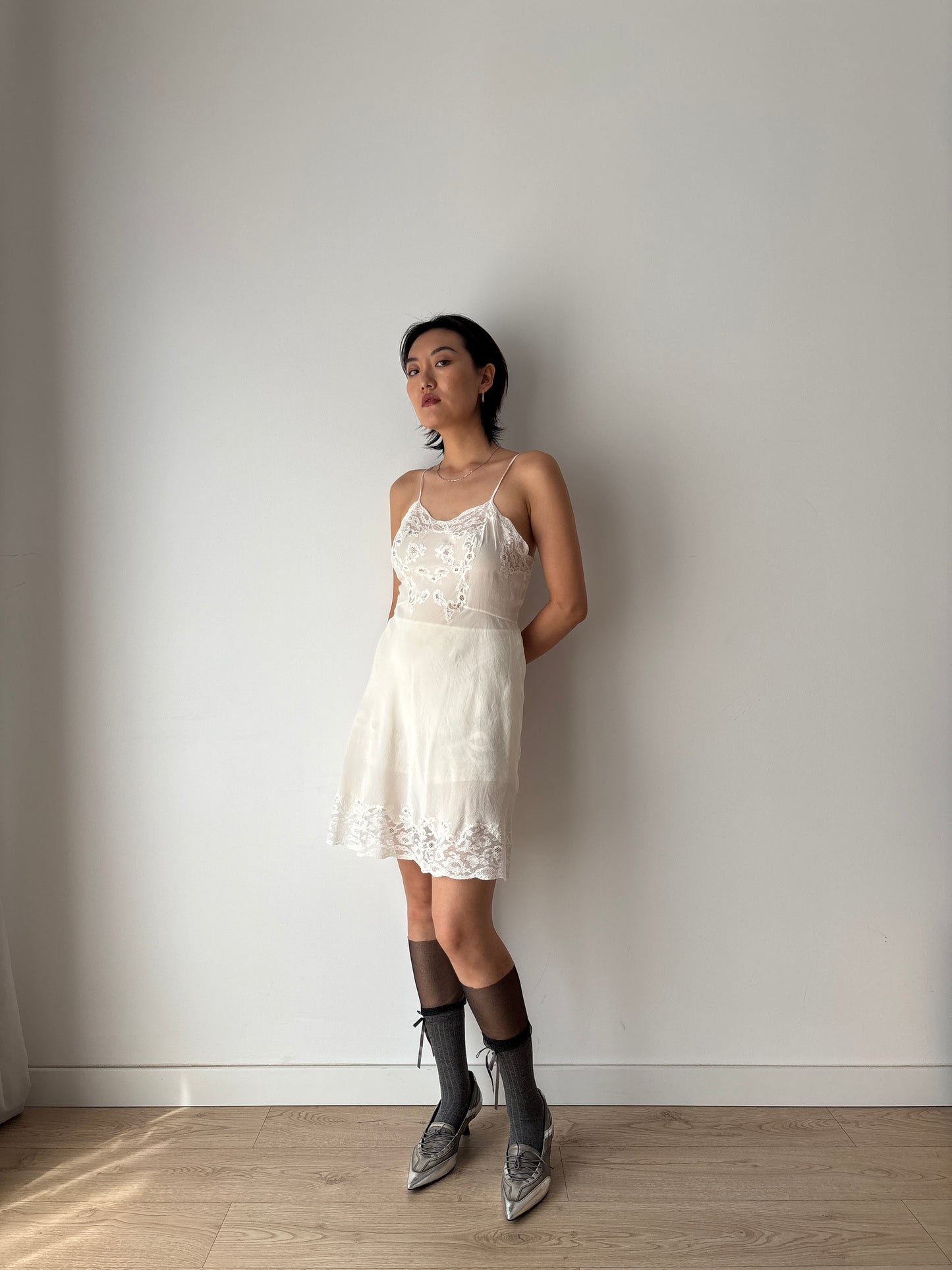 1930s Antique White Lace Liquid Silk Bridal Slip French Lacedress