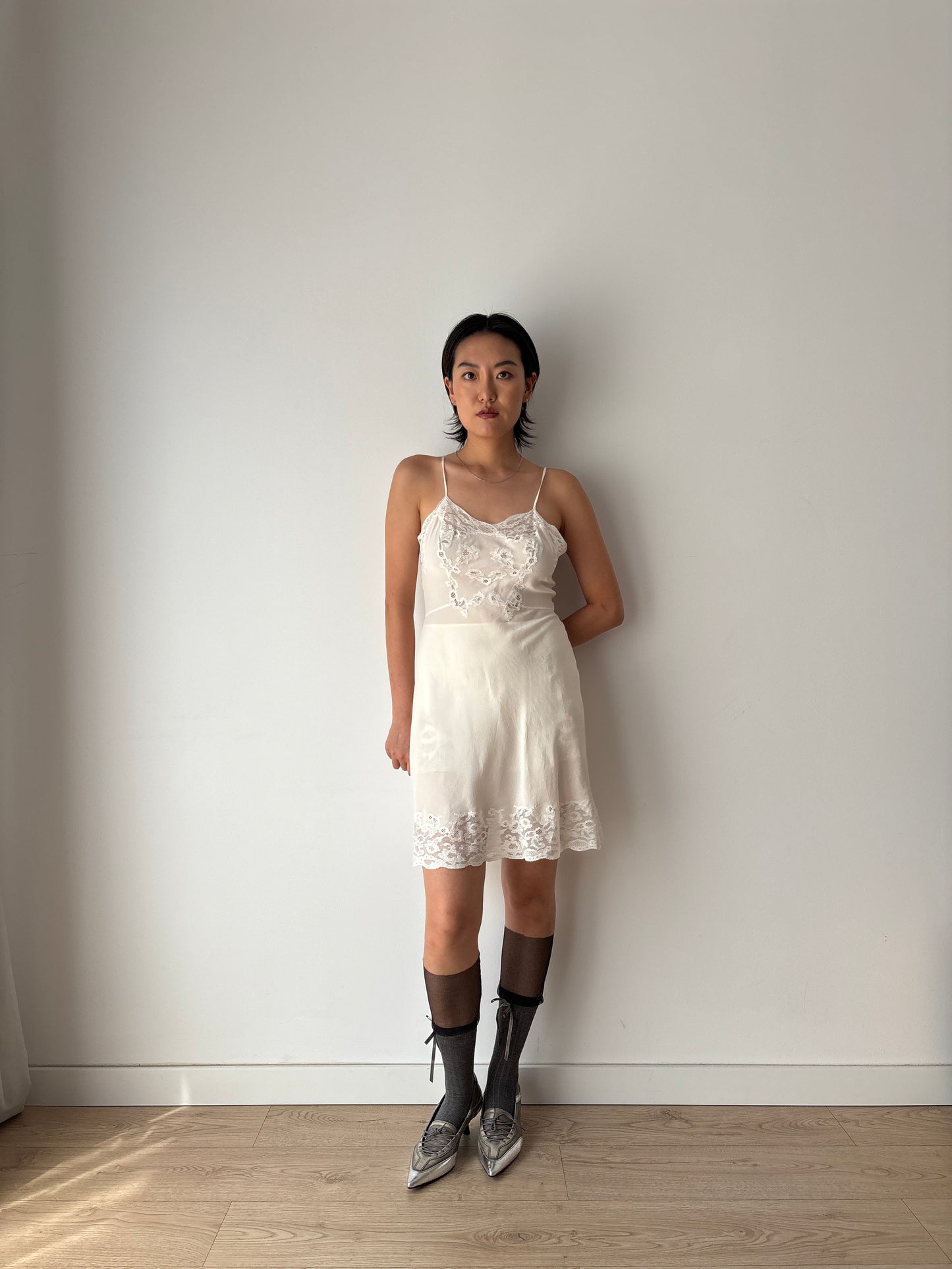 1930s Antique White Lace Liquid Silk Bridal Slip French Lacedress