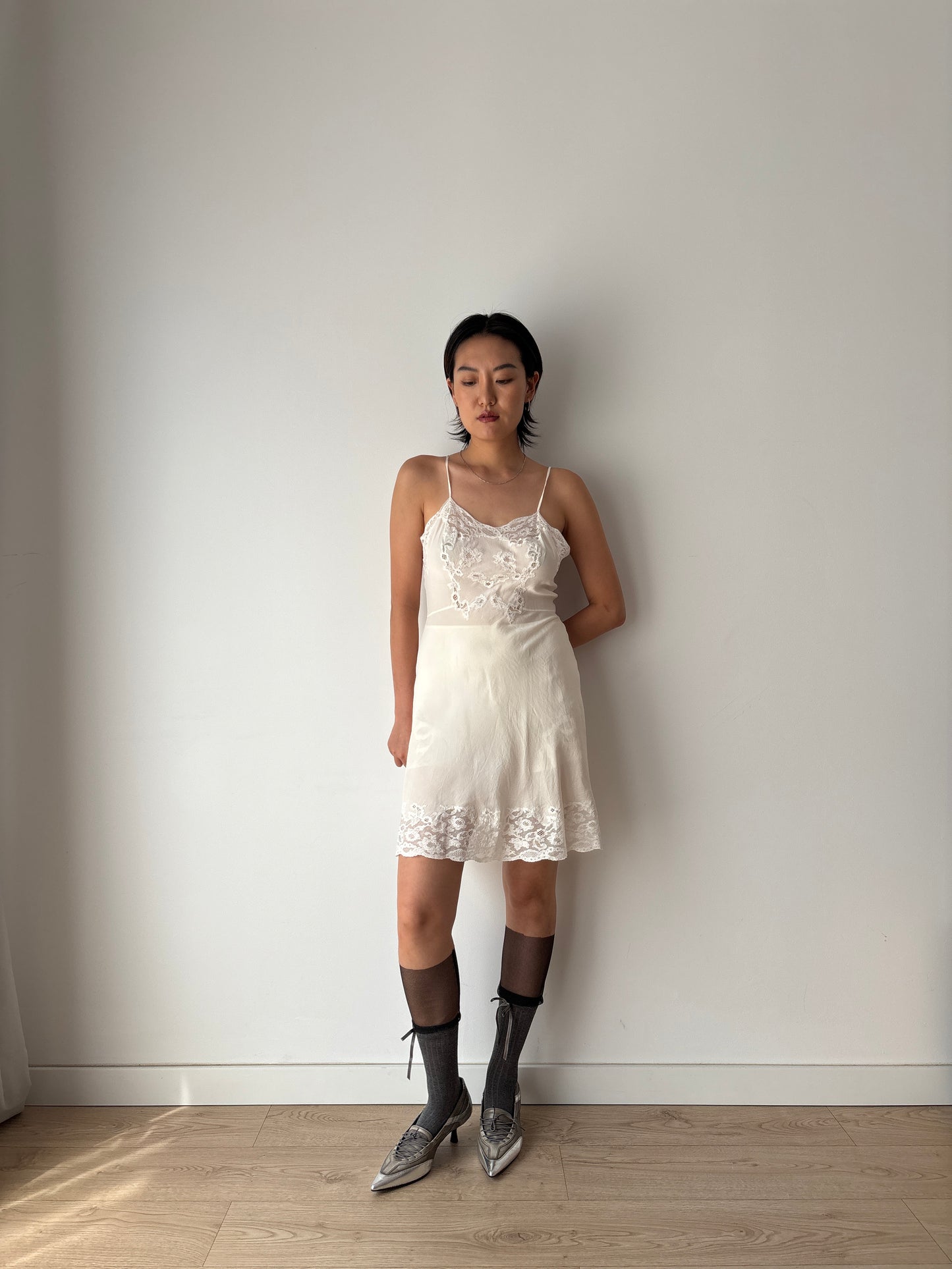 1930s Antique White Lace Liquid Silk Bridal Slip French Lacedress