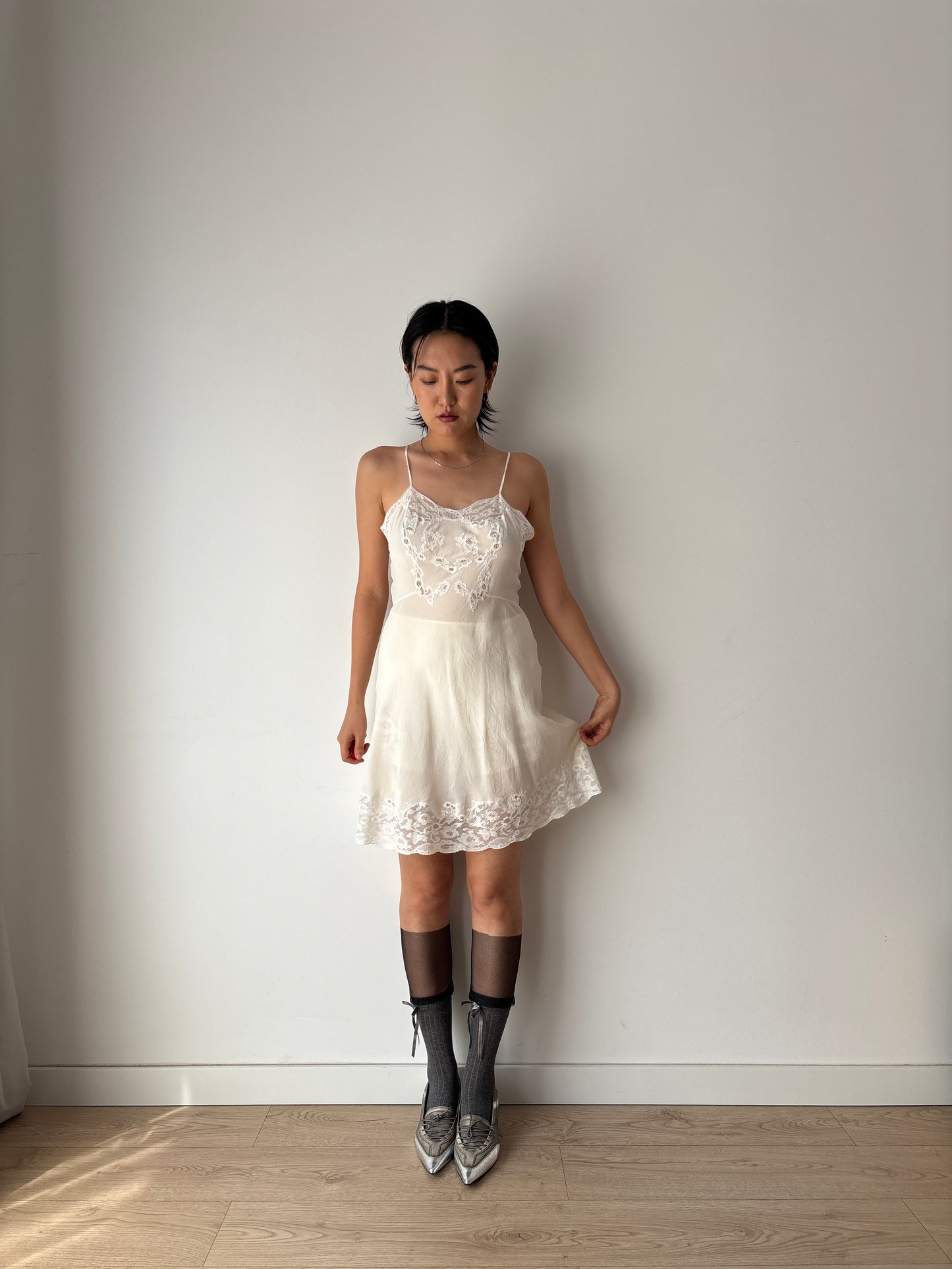 1930s Antique White Lace Liquid Silk Bridal Slip French Lacedress