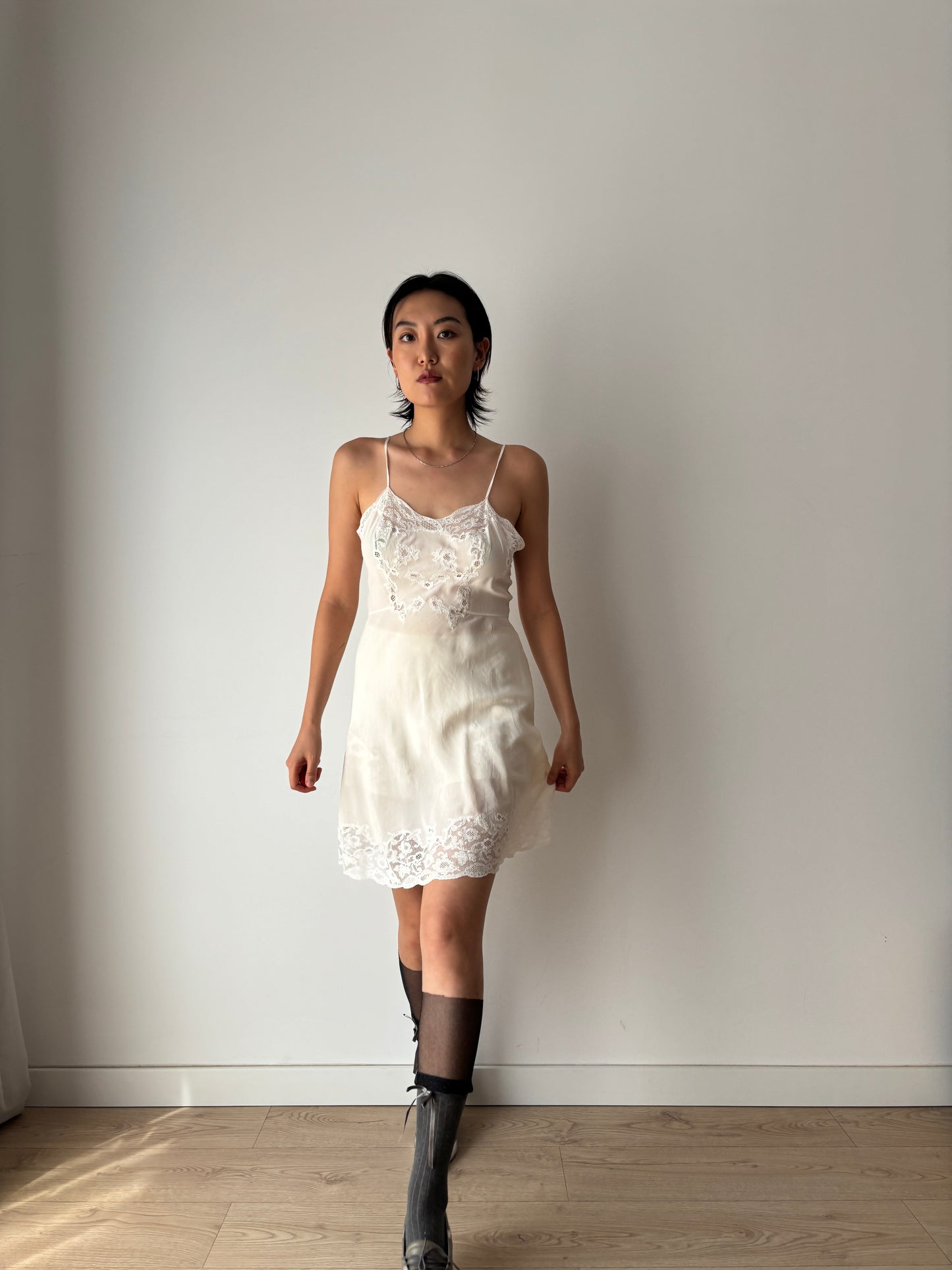 1930s Antique White Lace Liquid Silk Bridal Slip French Lacedress