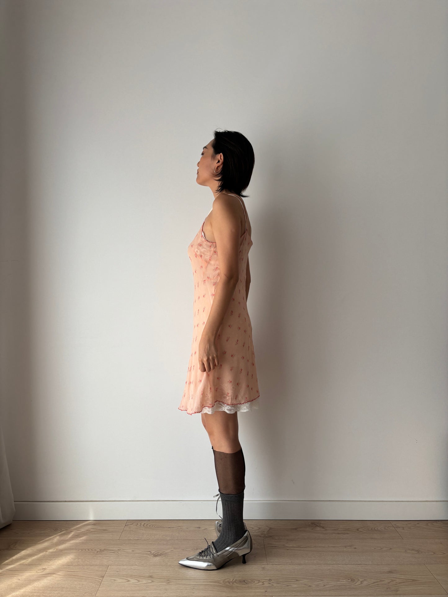 1930s 1940s Antique Pink Floral Lace Silk Chiffon Slip dress