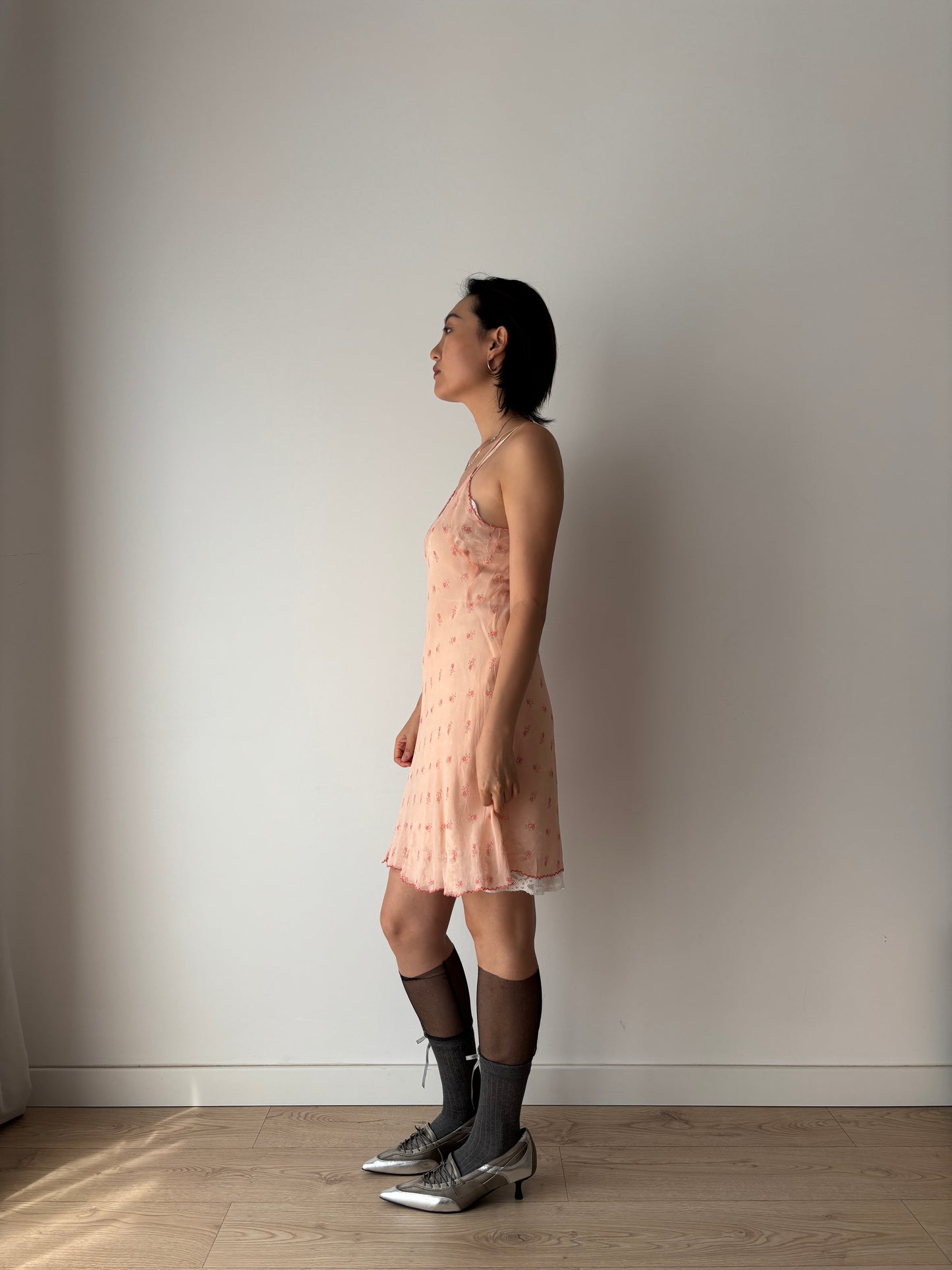 1930s 1940s Antique Pink Floral Lace Silk Chiffon Slip dress