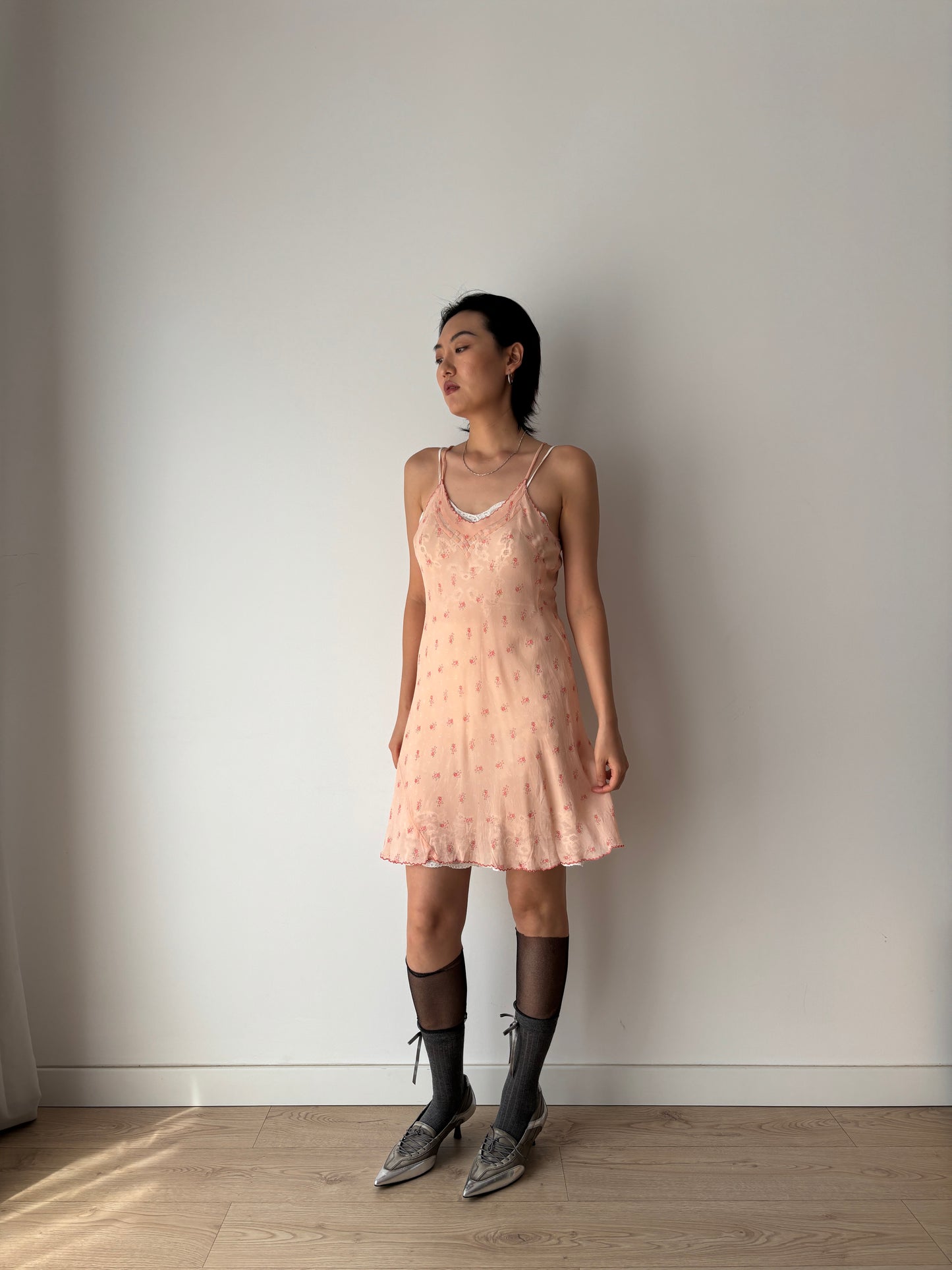 1930s 1940s Antique Pink Floral Lace Silk Chiffon Slip dress