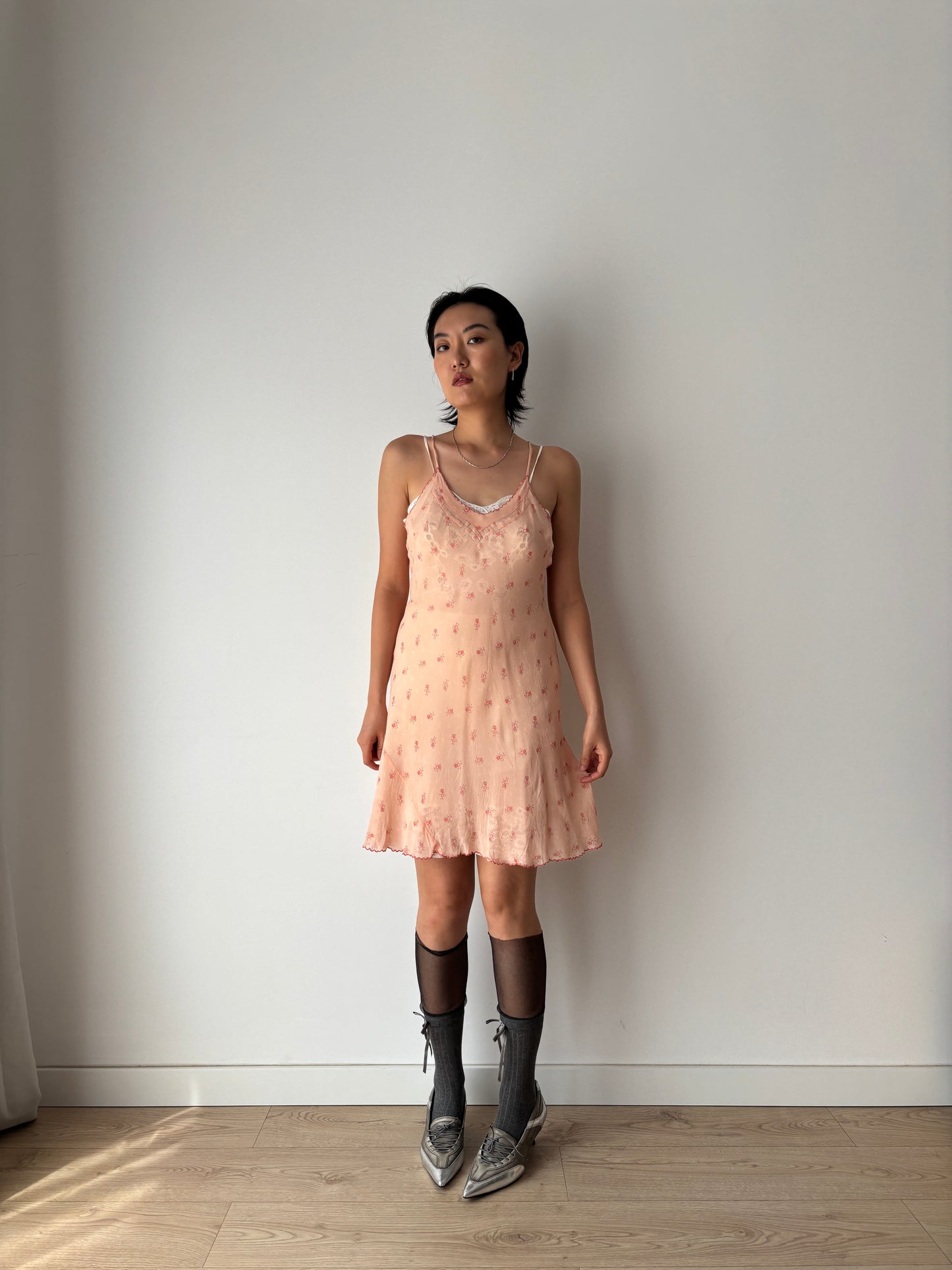 1930s 1940s Antique Pink Floral Lace Silk Chiffon Slip dress