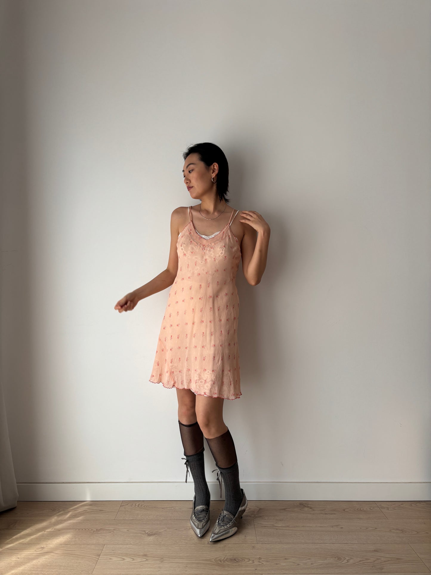 1930s 1940s Antique Pink Floral Lace Silk Chiffon Slip dress