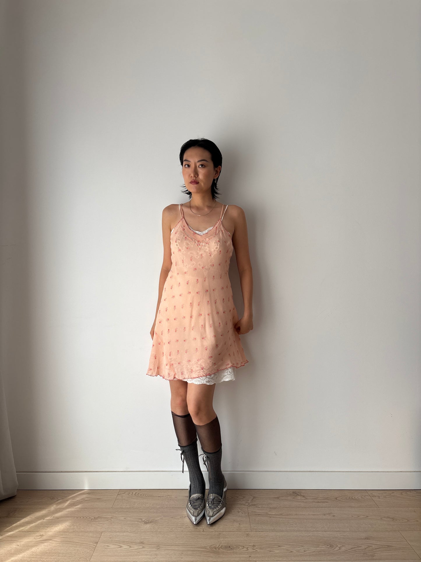 1930s 1940s Antique Pink Floral Lace Silk Chiffon Slip dress