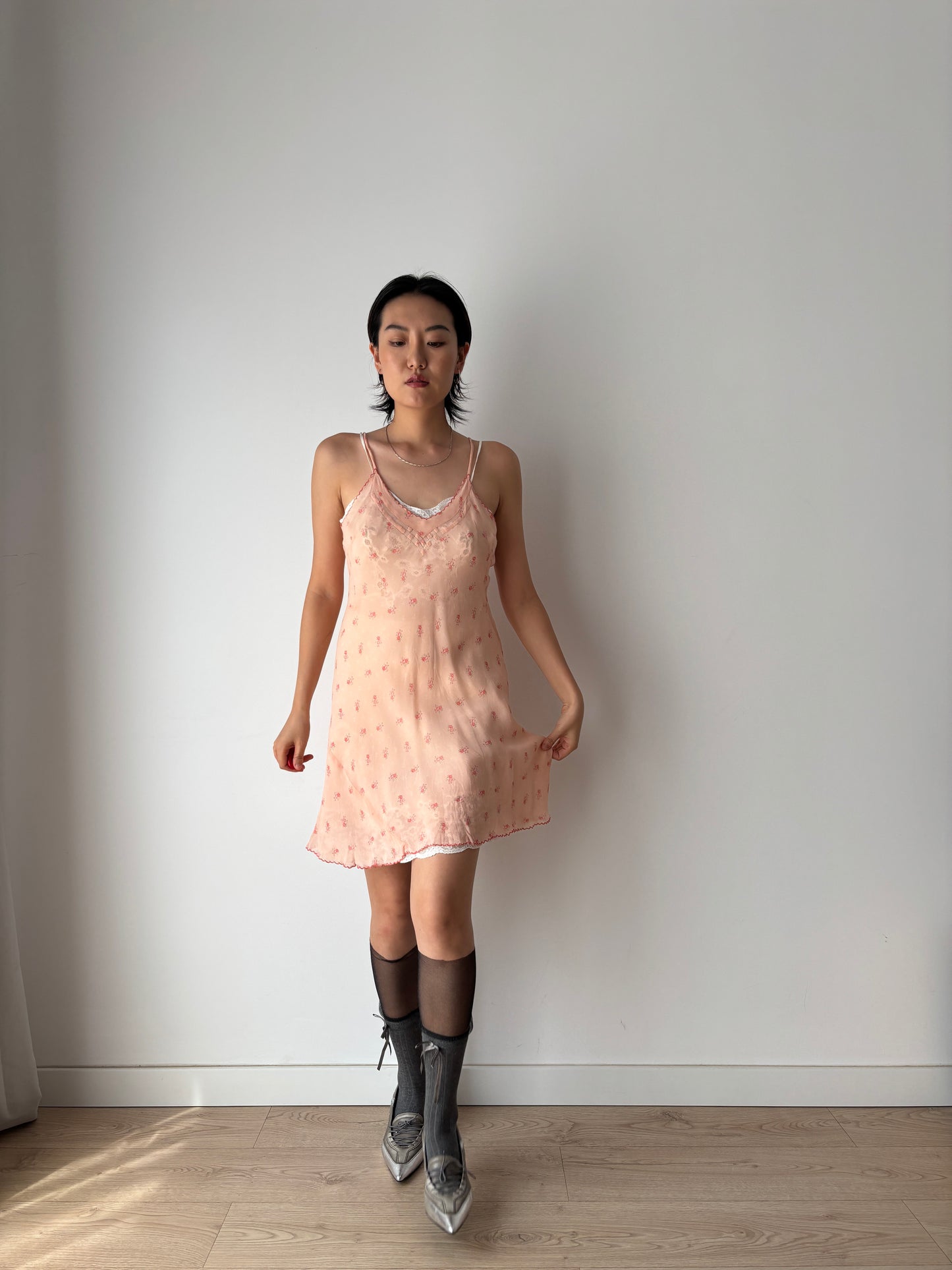 1930s 1940s Antique Pink Floral Lace Silk Chiffon Slip dress