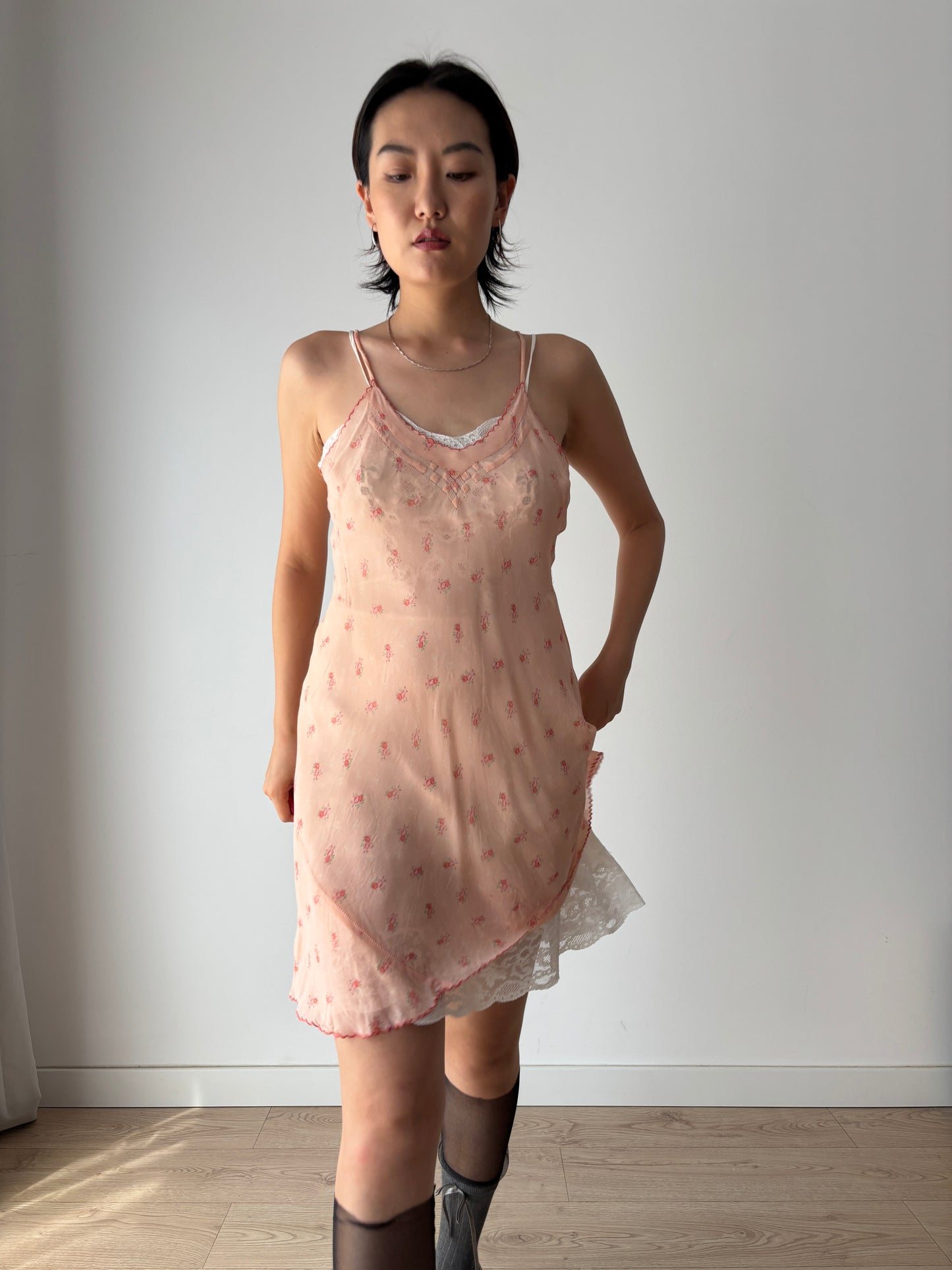 1930s 1940s Antique Pink Floral Lace Silk Chiffon Slip dress