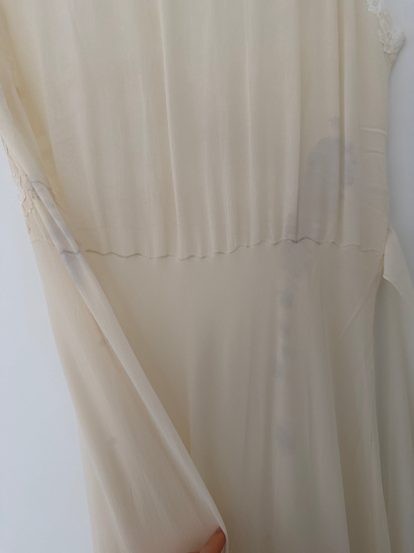 1930s Bridal Silk Chiffon Peignoir Set in White: French Lace Robe & Slip Lingerie Dress