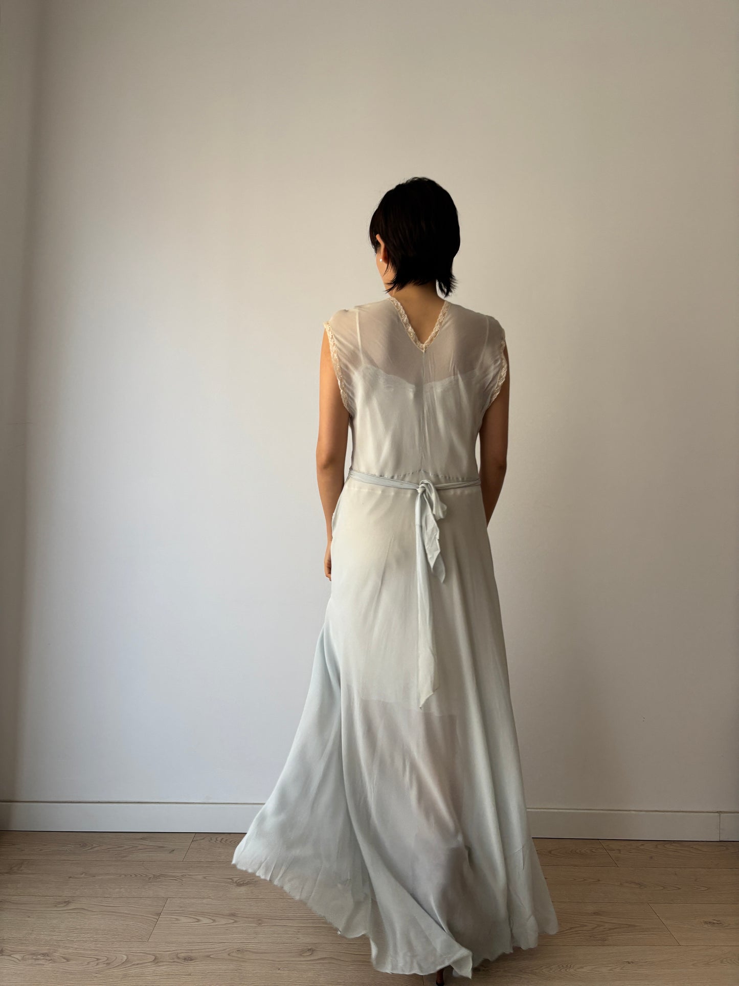 1930s Bias Cut Silk Crepe Gown in Blue