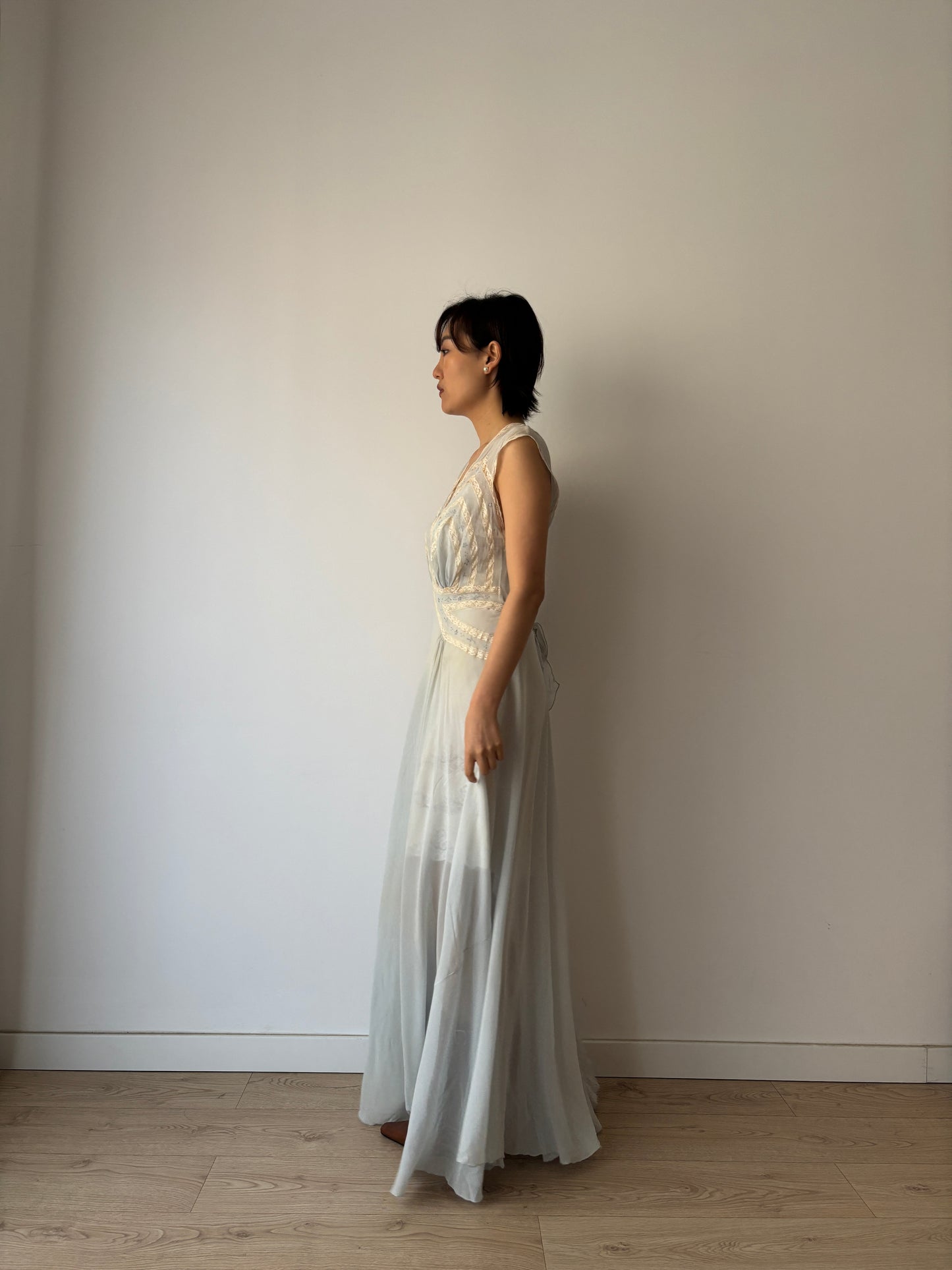 1930s Bias Cut Silk Crepe Gown in Blue