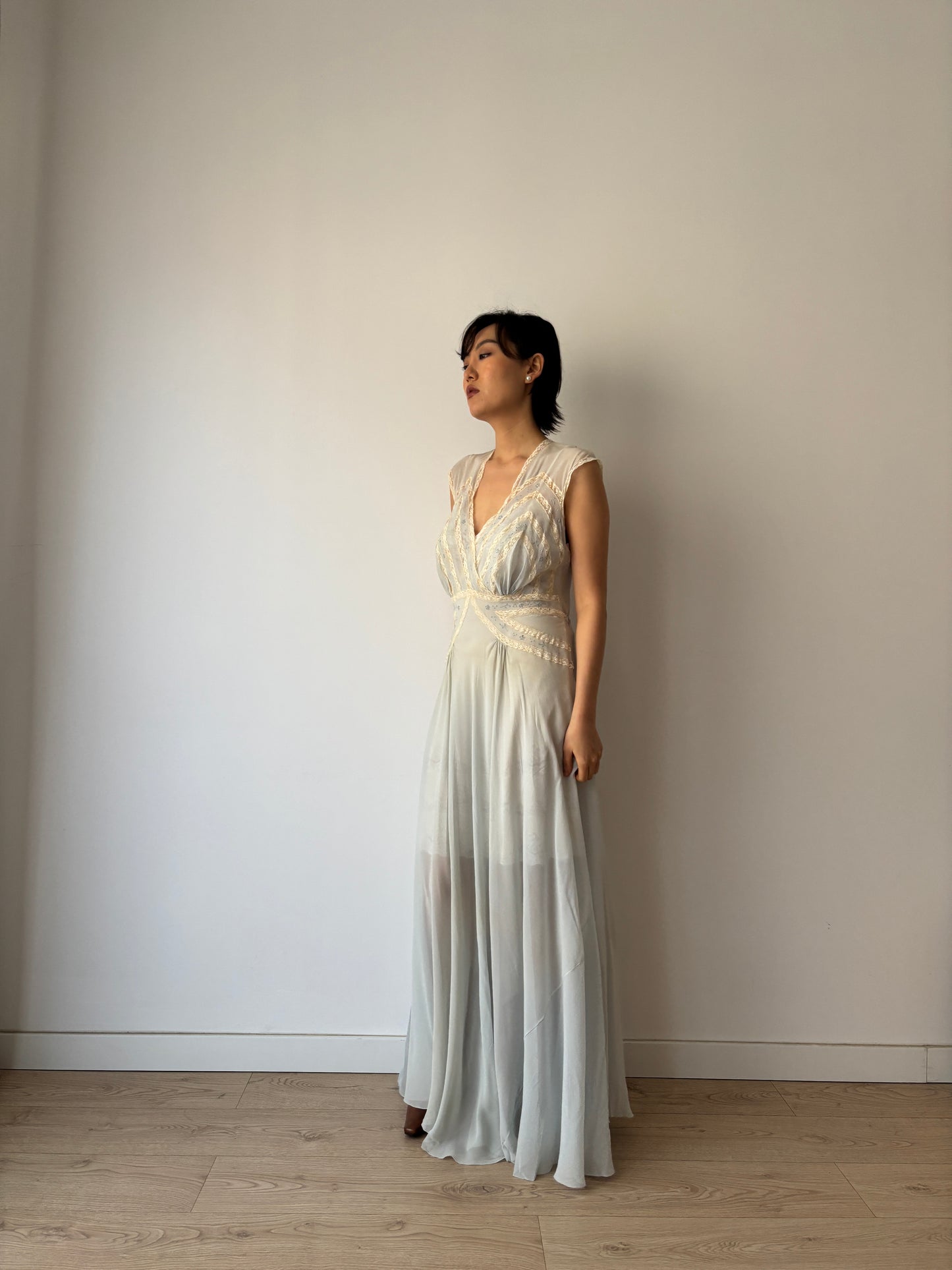 1930s Bias Cut Silk Crepe Gown in Blue