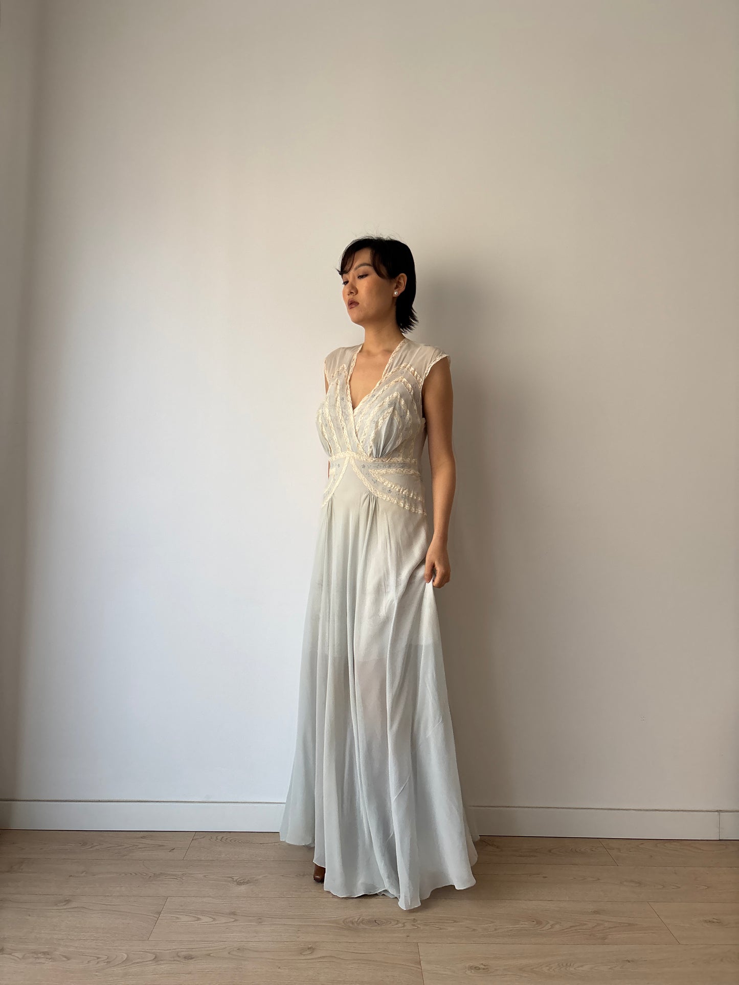 1930s Bias Cut Silk Crepe Gown in Blue