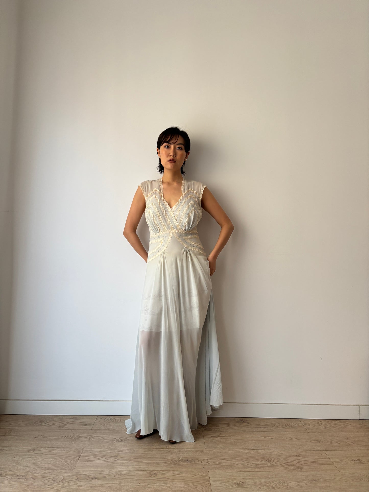 1930s Bias Cut Silk Crepe Gown in Blue