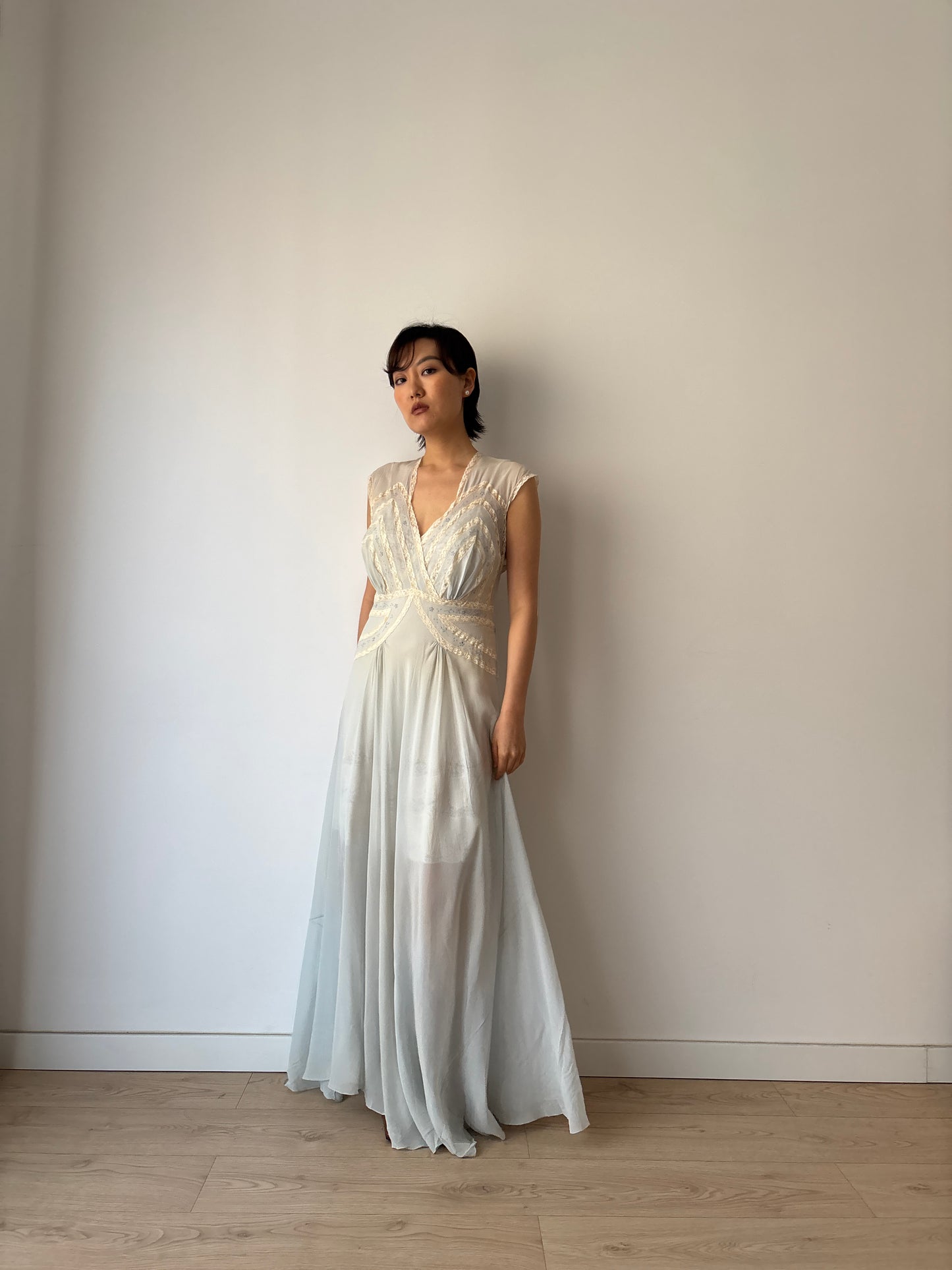 1930s Bias Cut Silk Crepe Gown in Blue