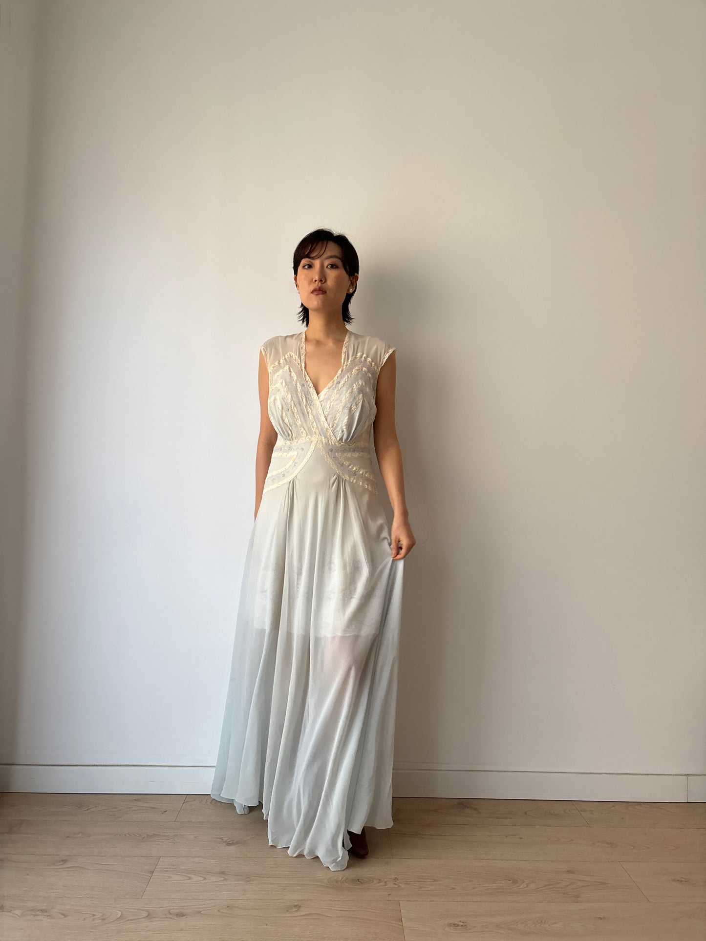 1930s Bias Cut Silk Crepe Gown in Blue