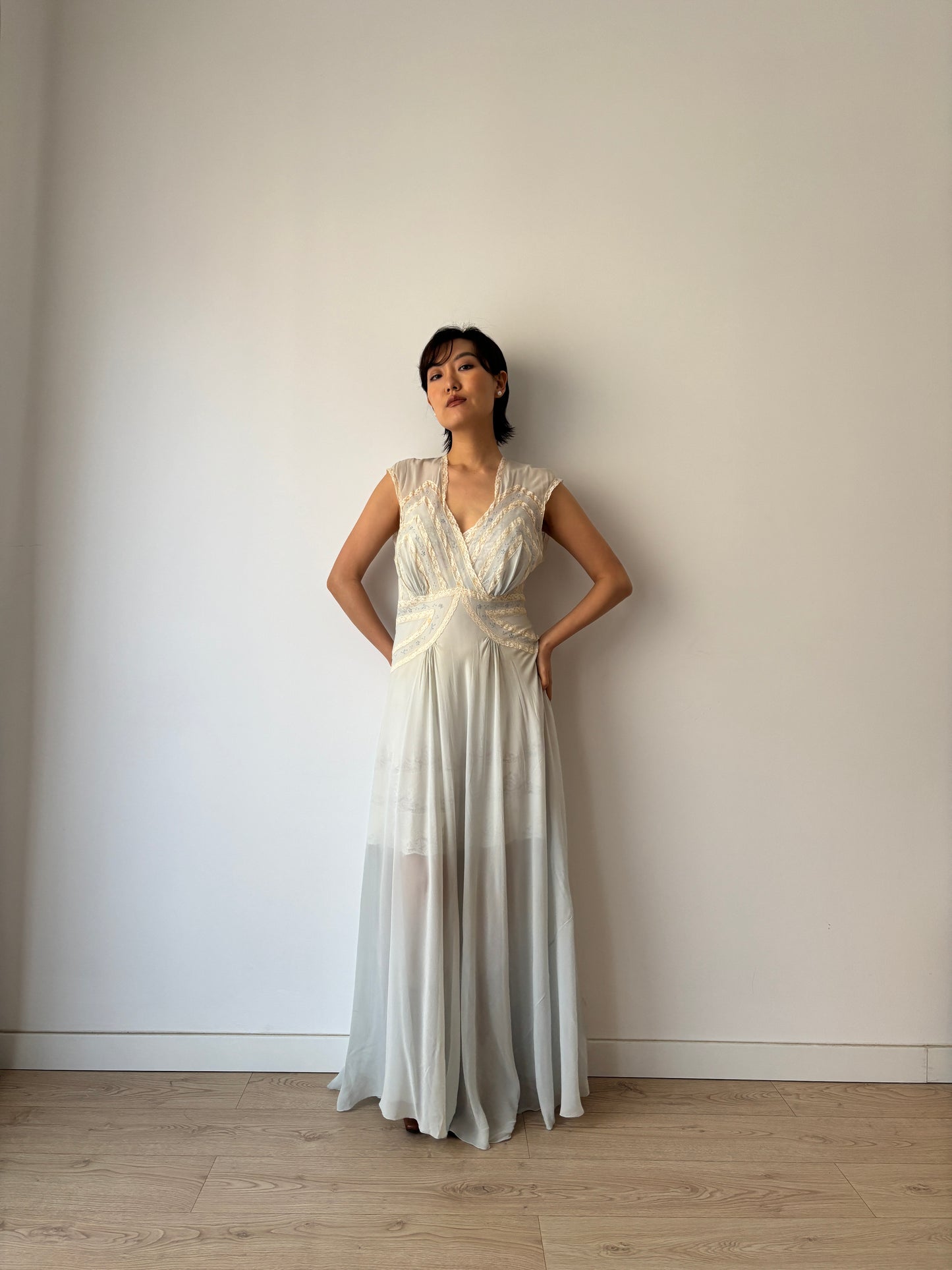 1930s Bias Cut Silk Crepe Gown in Blue