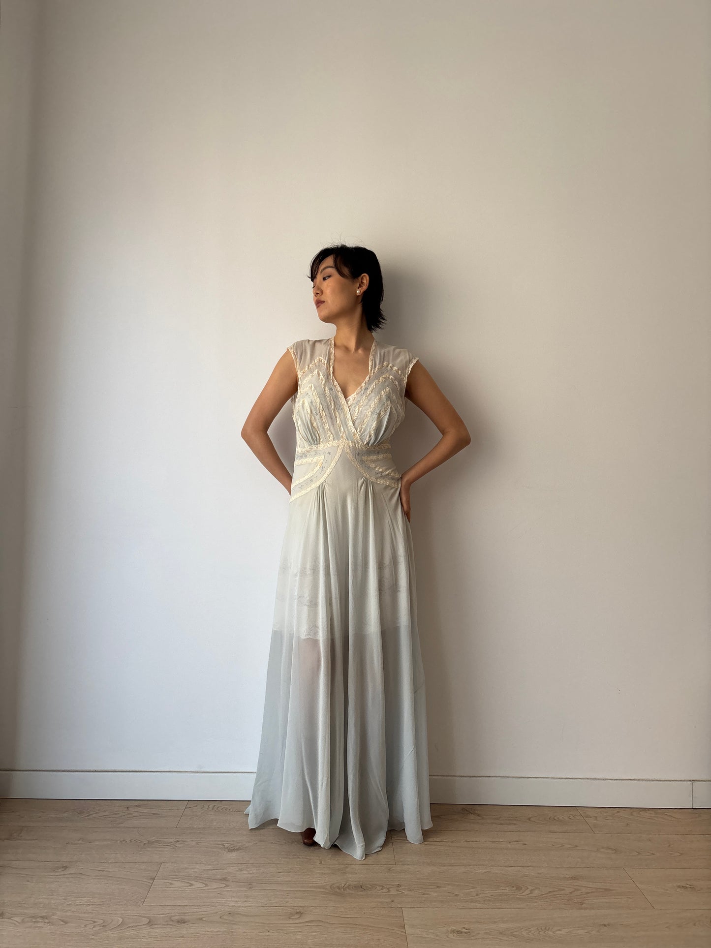 1930s Bias Cut Silk Crepe Gown in Blue