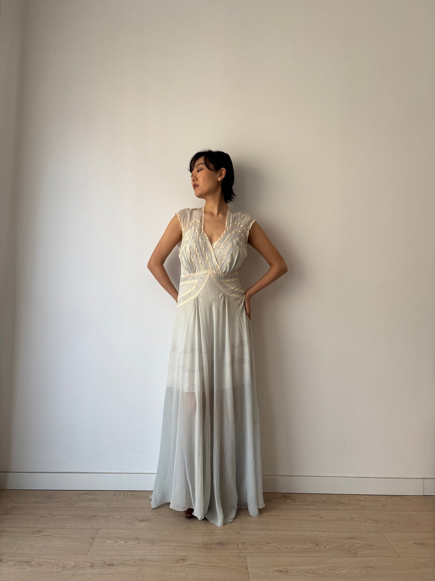 1930s Bias Cut Silk Crepe Gown in Blue