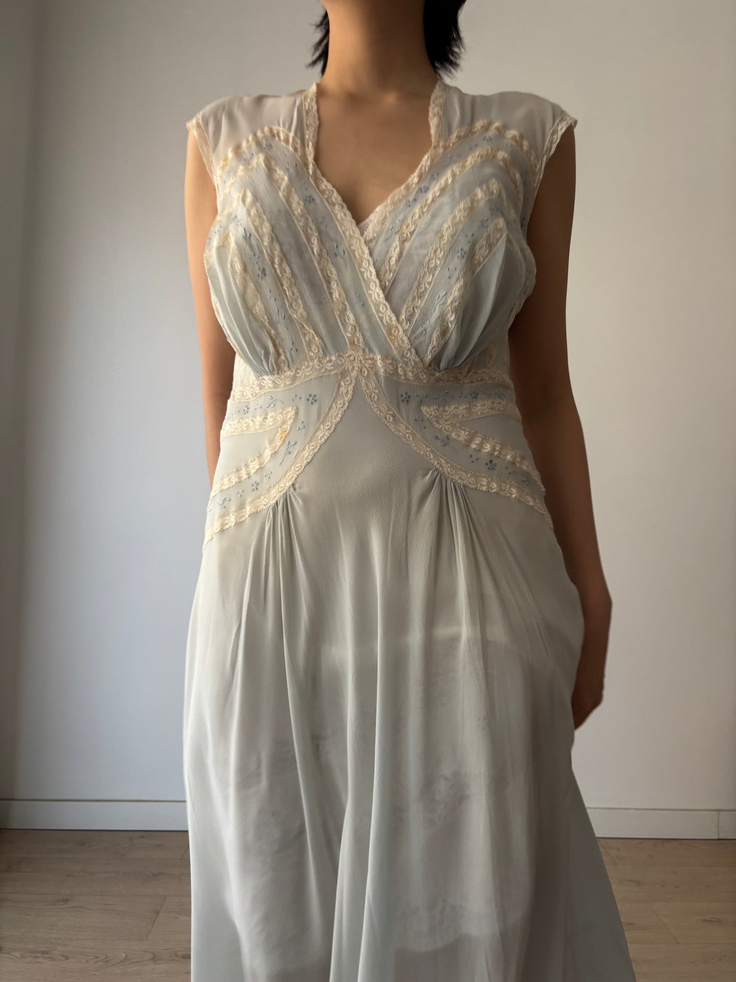 1930s Bias Cut Silk Crepe Gown in Blue