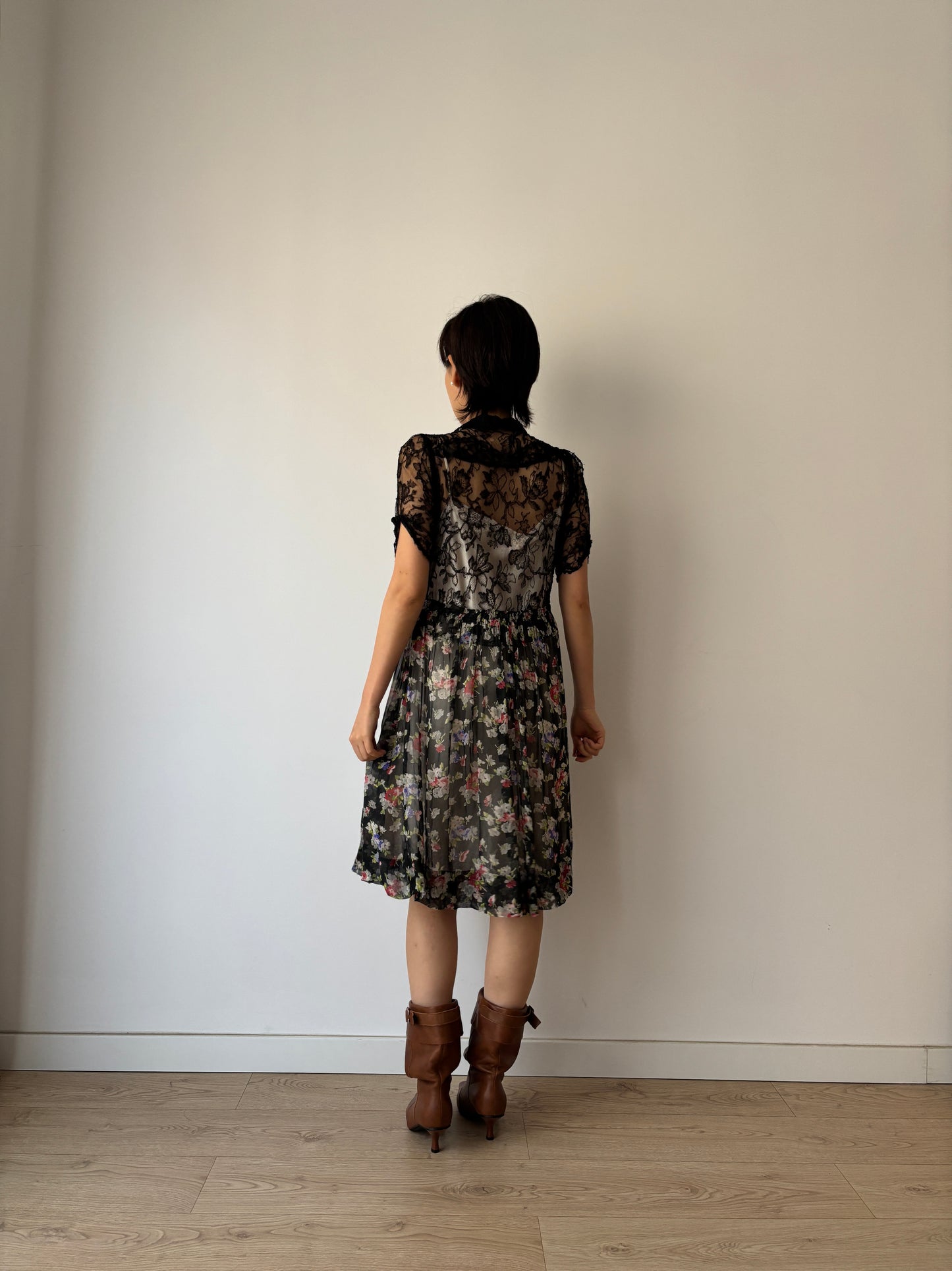 1930s Black lace floral dress, Antique silk chiffon art deco dress