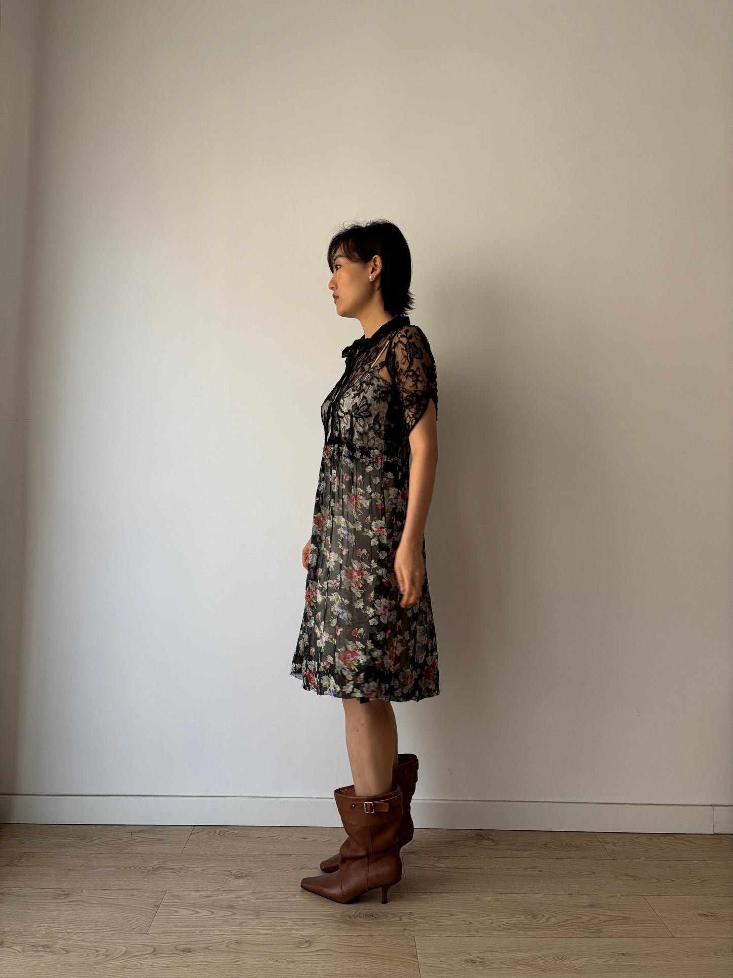 1930s Black lace floral dress, Antique silk chiffon art deco dress