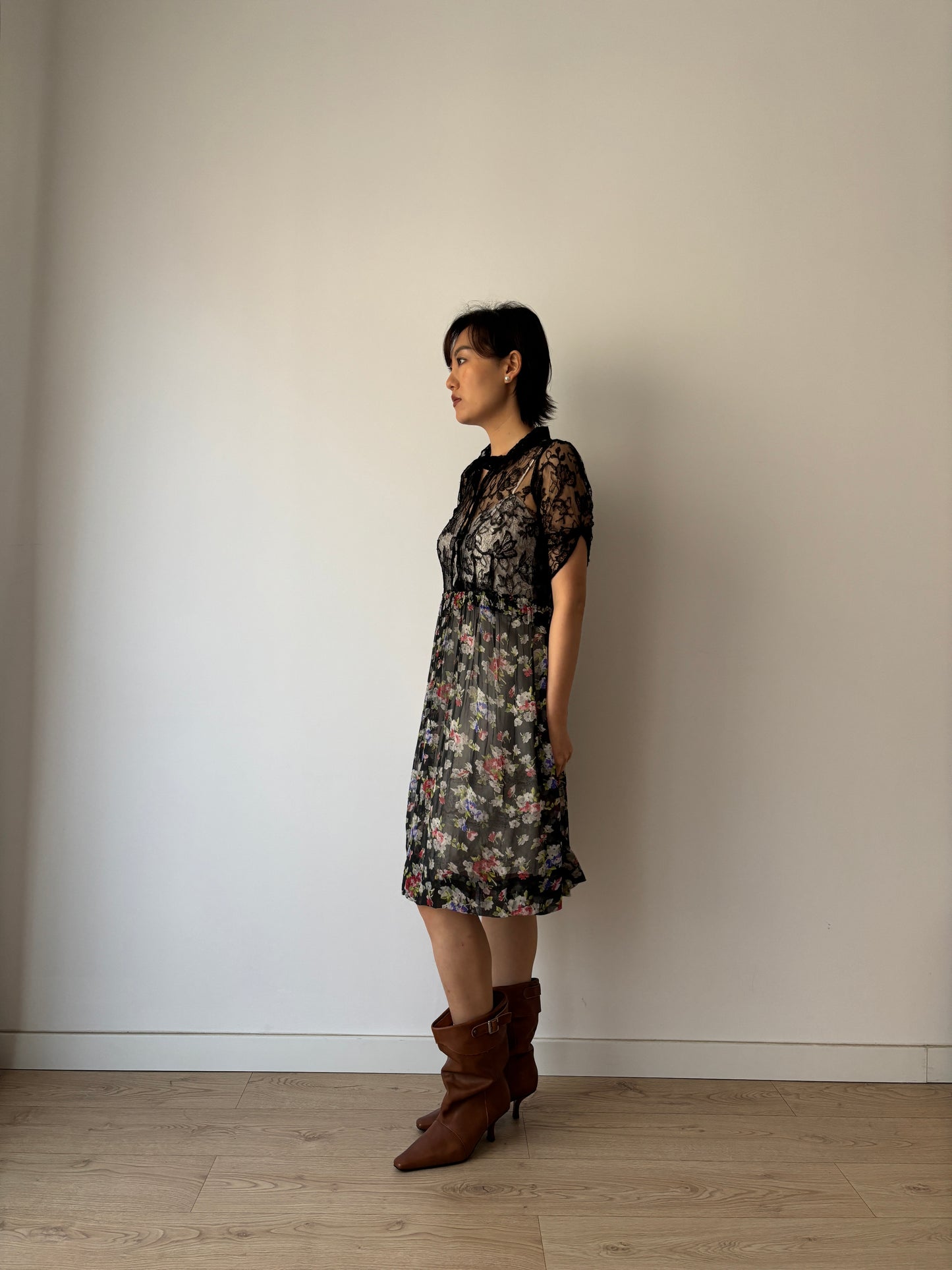 1930s Black lace floral dress, Antique silk chiffon art deco dress