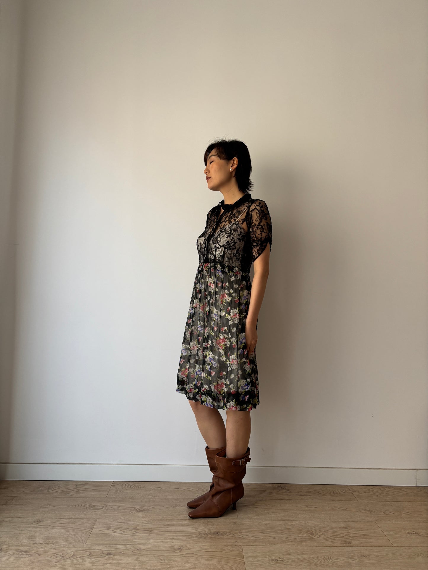1930s Black lace floral dress, Antique silk chiffon art deco dress