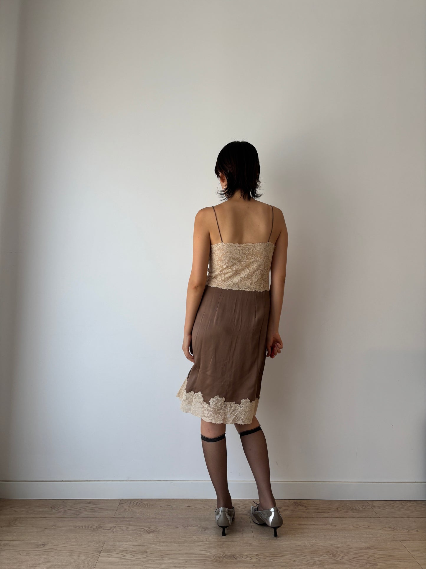 1940s 1950s Antique rare brown french rice Lace pure silk slip dress