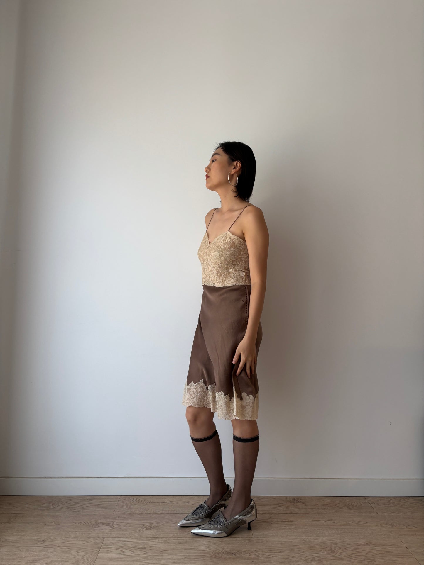1940s 1950s Antique rare brown french rice Lace pure silk slip dress