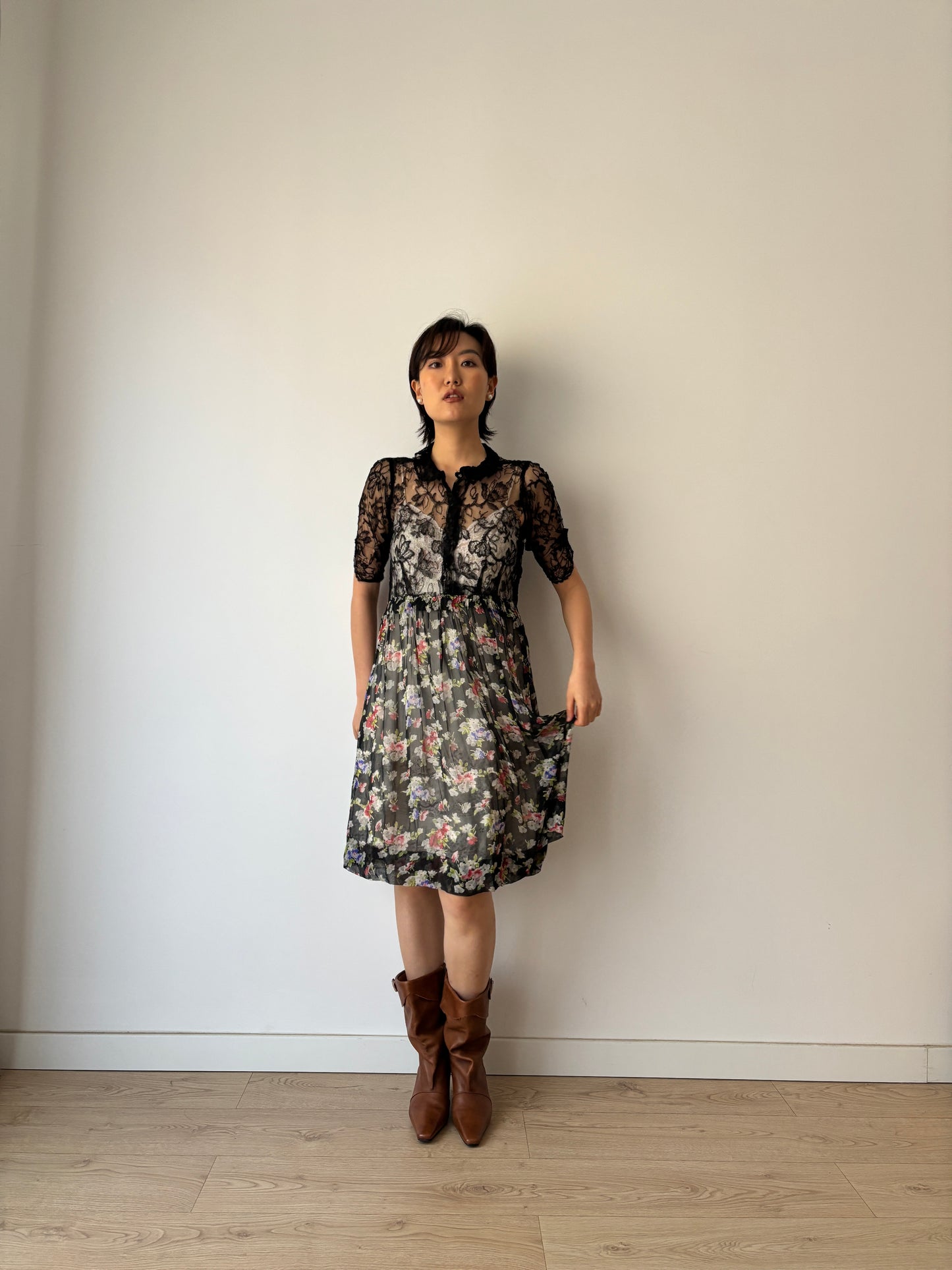 1930s Black lace floral dress, Antique silk chiffon art deco dress
