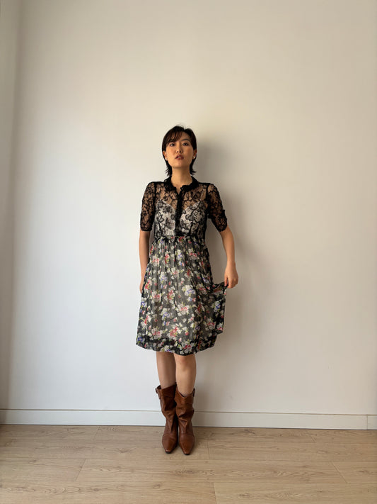 1930s Black lace floral dress, Antique silk chiffon art deco dress
