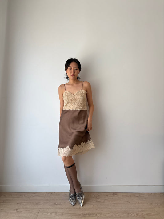 1940s 1950s Antique rare brown french rice Lace pure silk slip dress