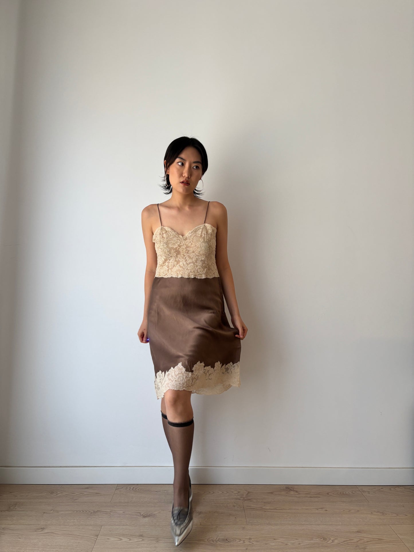 1940s 1950s Antique rare brown french rice Lace pure silk slip dress