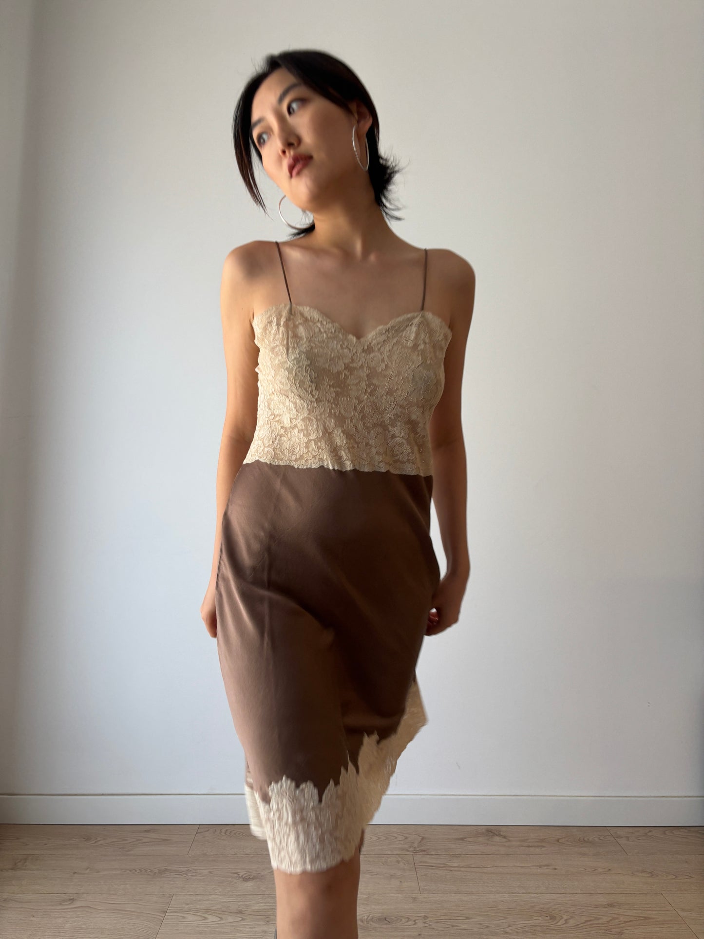1940s 1950s Antique rare brown french rice Lace pure silk slip dress