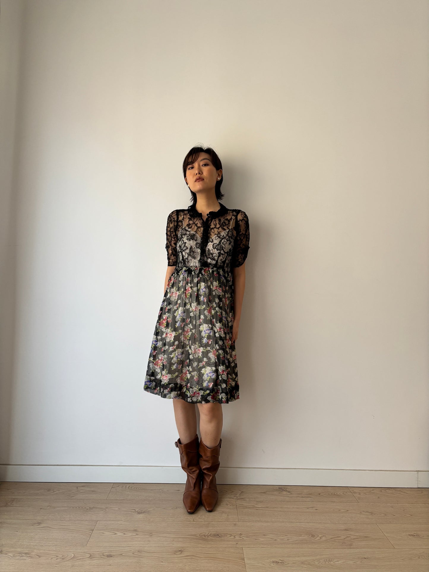 1930s Black lace floral dress, Antique silk chiffon art deco dress