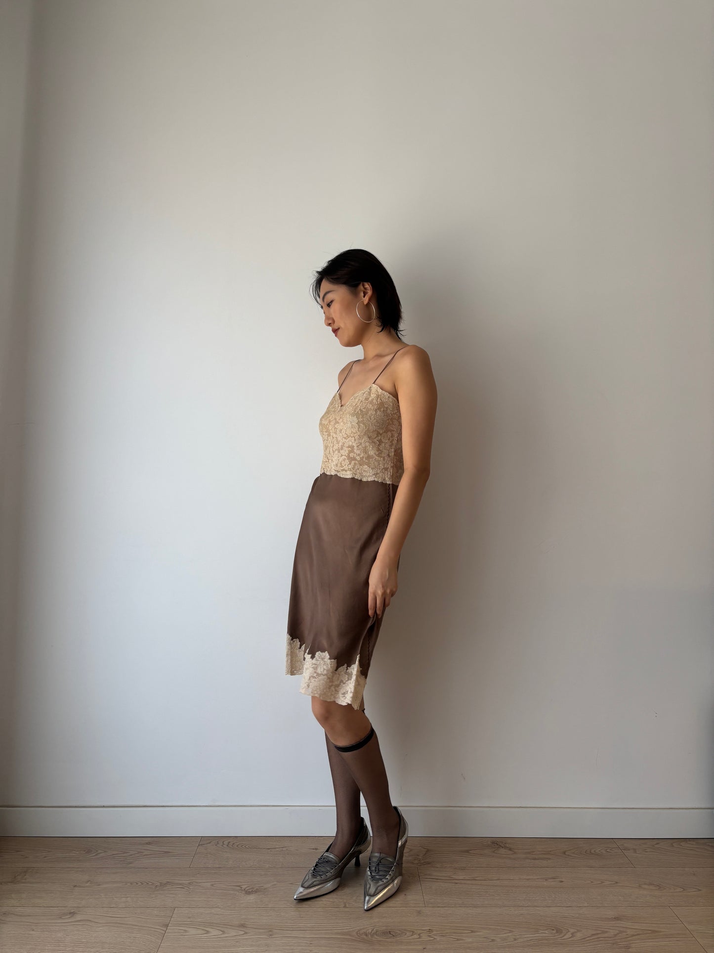 1940s 1950s Antique rare brown french rice Lace pure silk slip dress