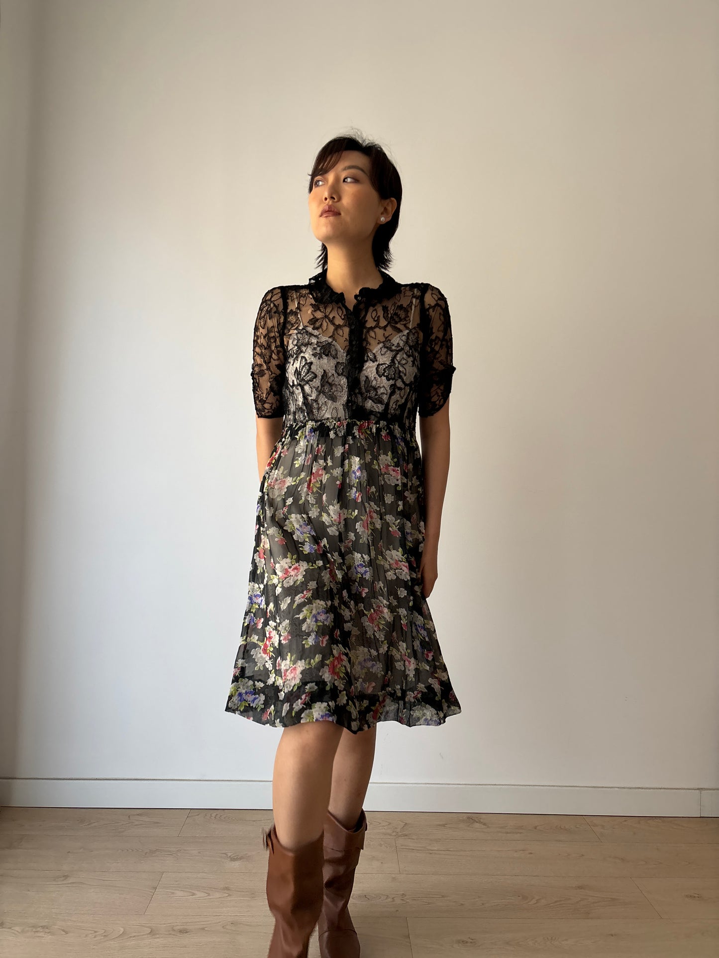 1930s Black lace floral dress, Antique silk chiffon art deco dress