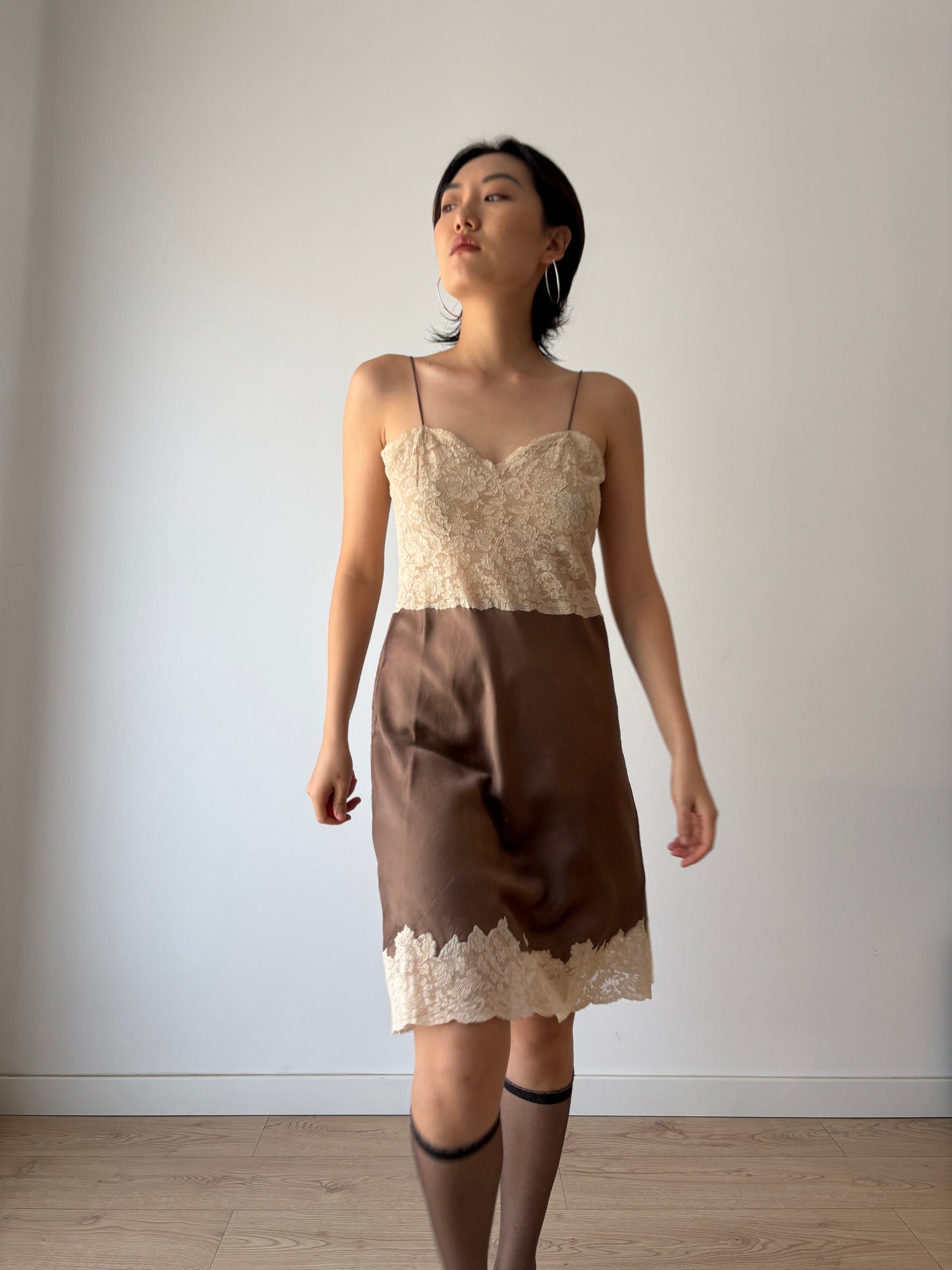 1940s 1950s Antique rare brown french rice Lace pure silk slip dress