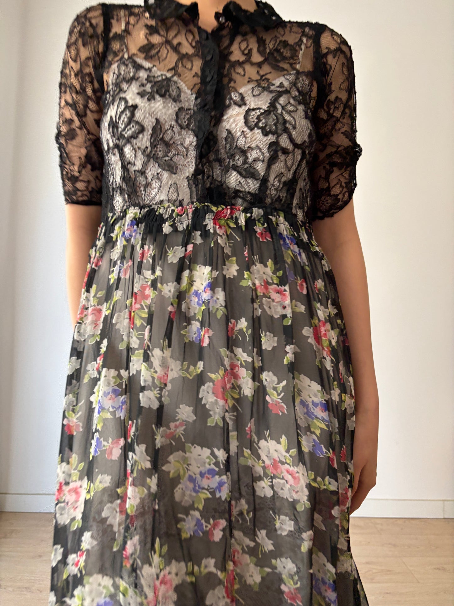 1930s Black lace floral dress, Antique silk chiffon art deco dress