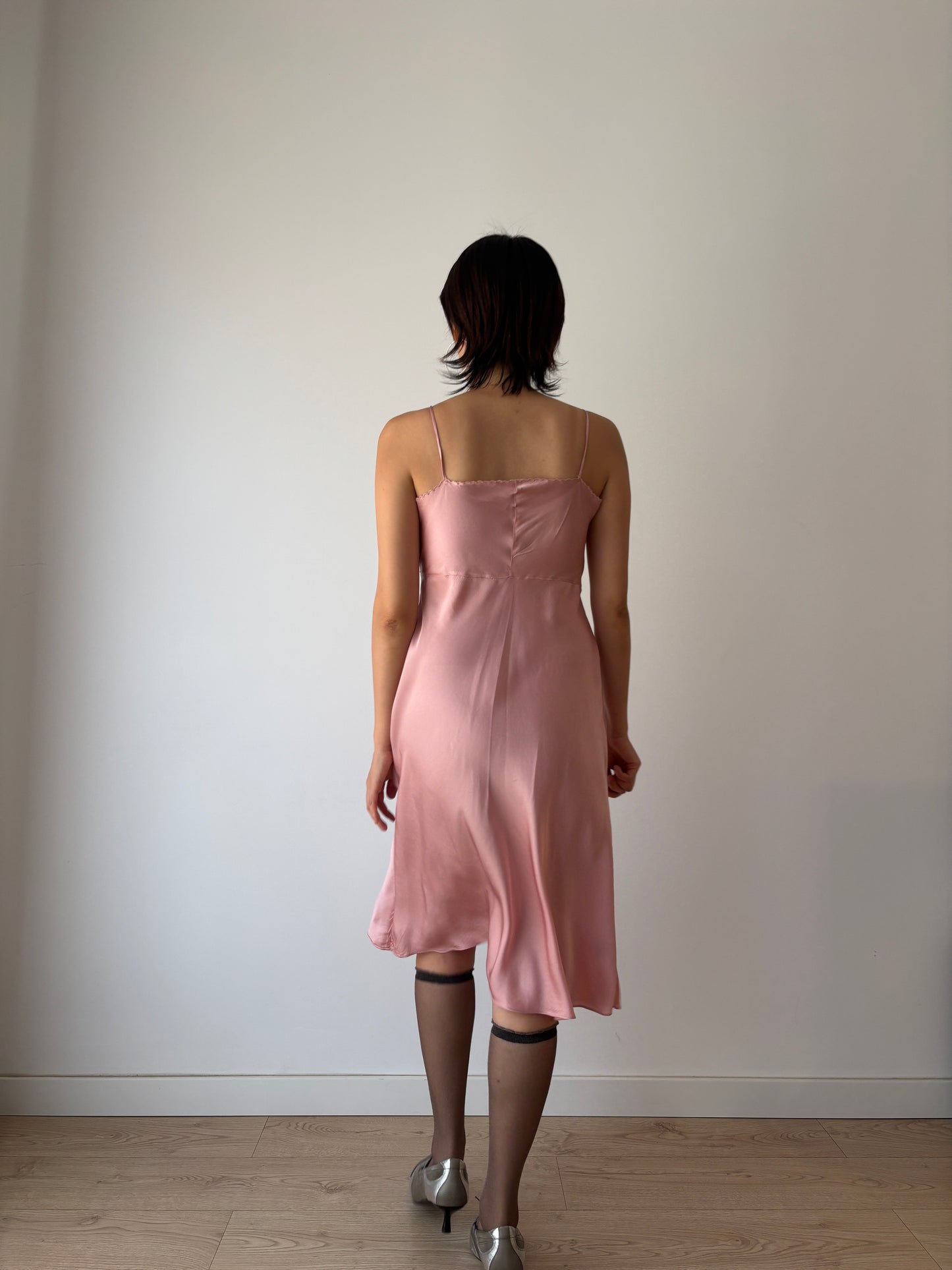 1930s 1940s Antique Pink French Lace Silk Slip dress, Antique mini dress