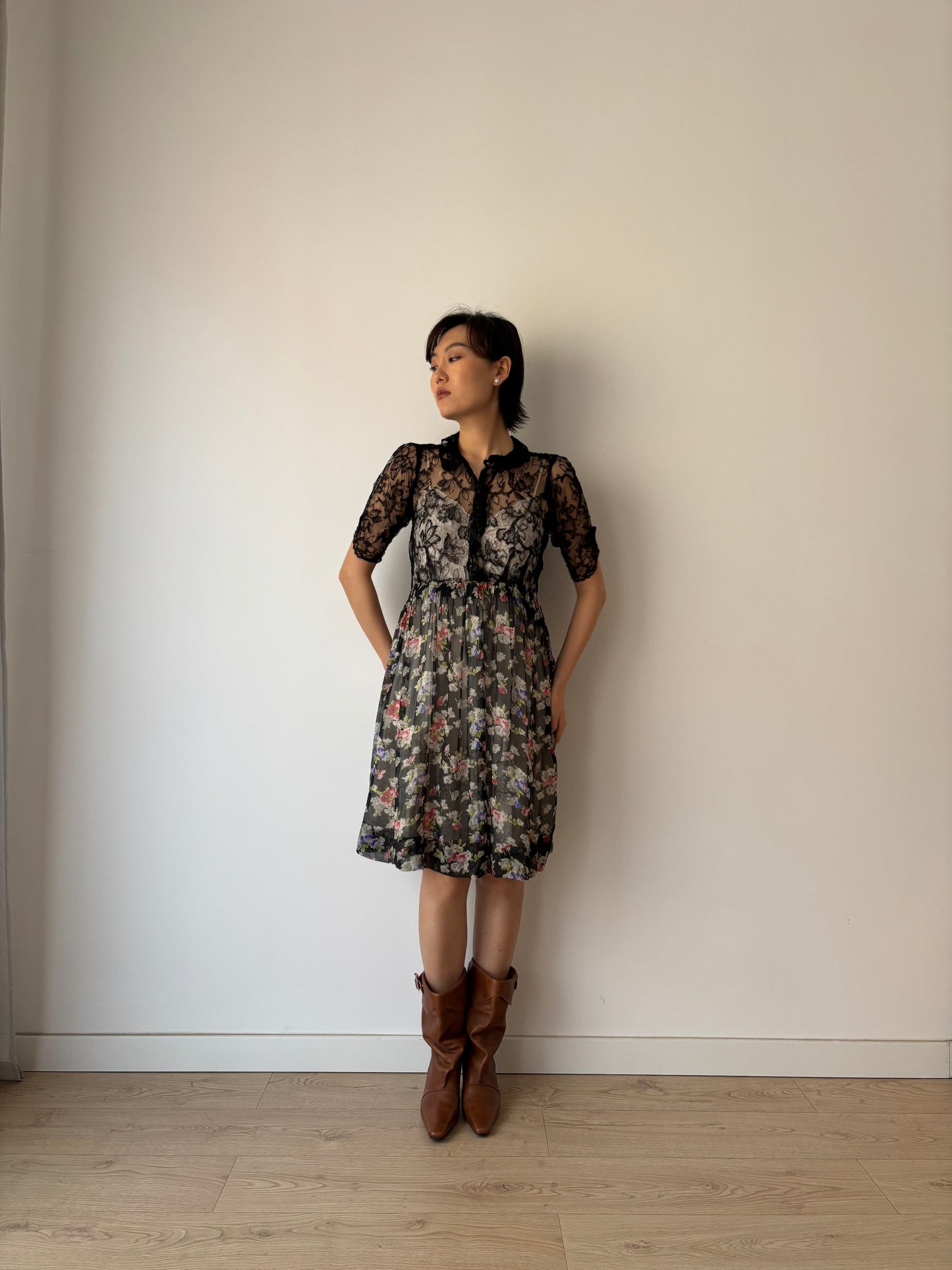 1930s Black lace floral dress, Antique silk chiffon art deco dress