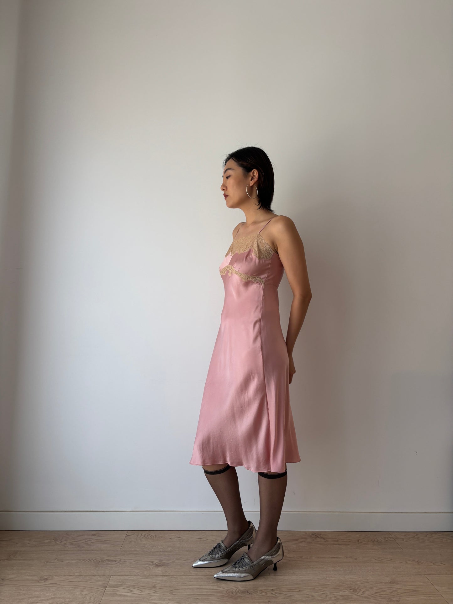 1930s 1940s Antique Pink French Lace Silk Slip dress, Antique mini dress